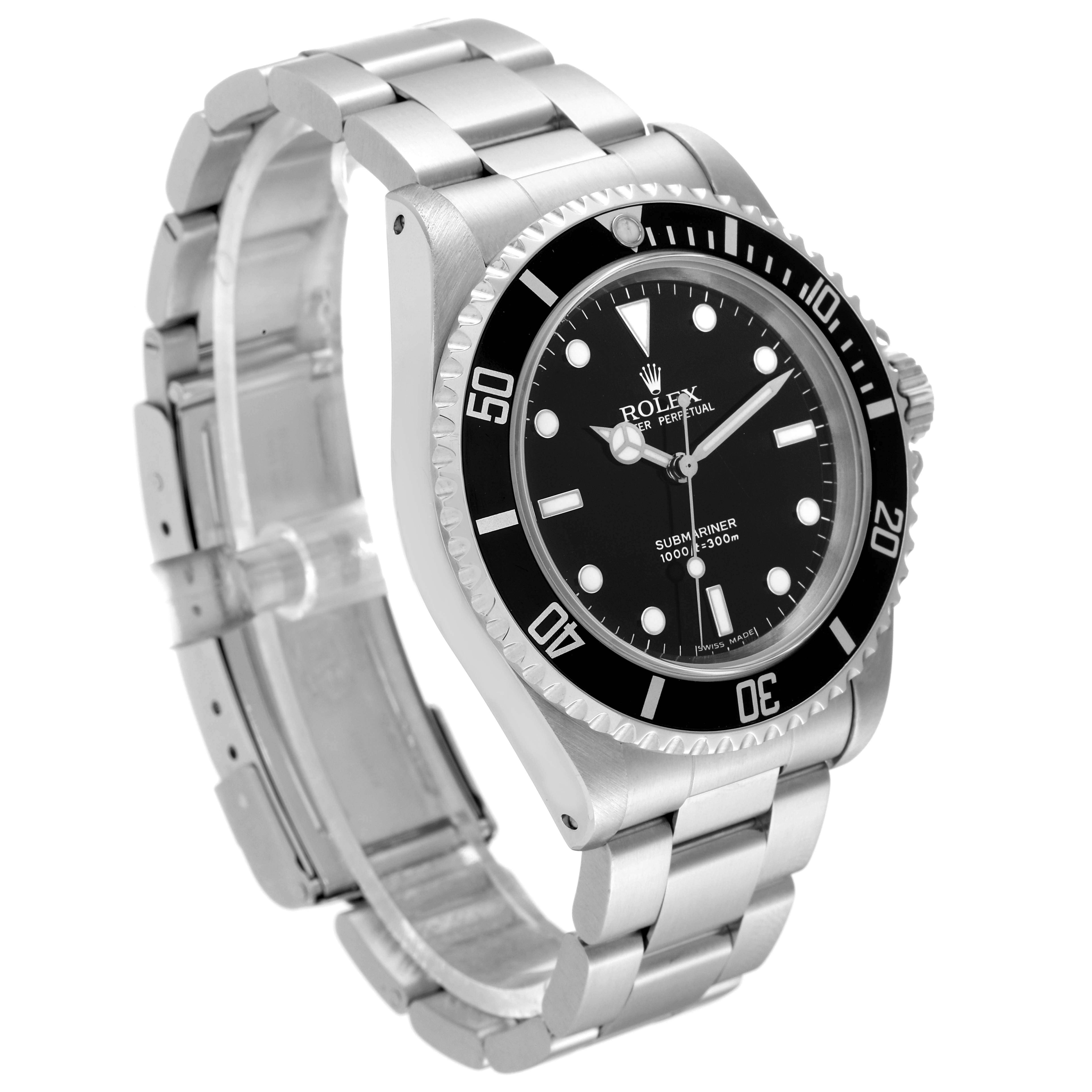 This Rolex Submariner 14060 Men
s Stainless Steel Black Dial 14060 Men
s Stainless Steel Black Dial watch is shown at an angled side view, displaying its face, bezel, and bracelet.