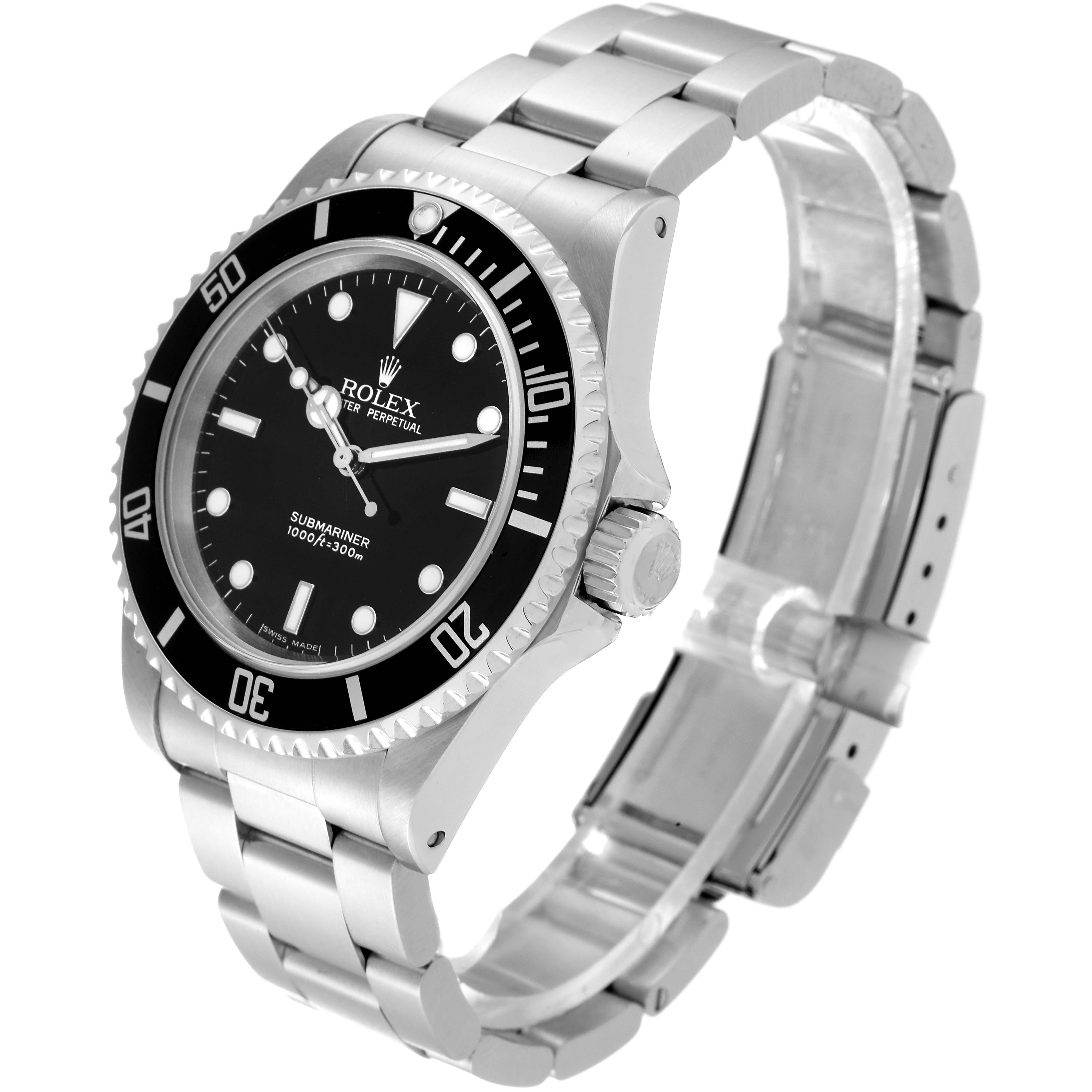 The image shows a Rolex Submariner 14060 Men
s Stainless Steel Black Dial 14060 Men
s Stainless Steel Black Dial watch at a slight angle, highlighting the face, bezel, crown, and stainless steel bracelet.