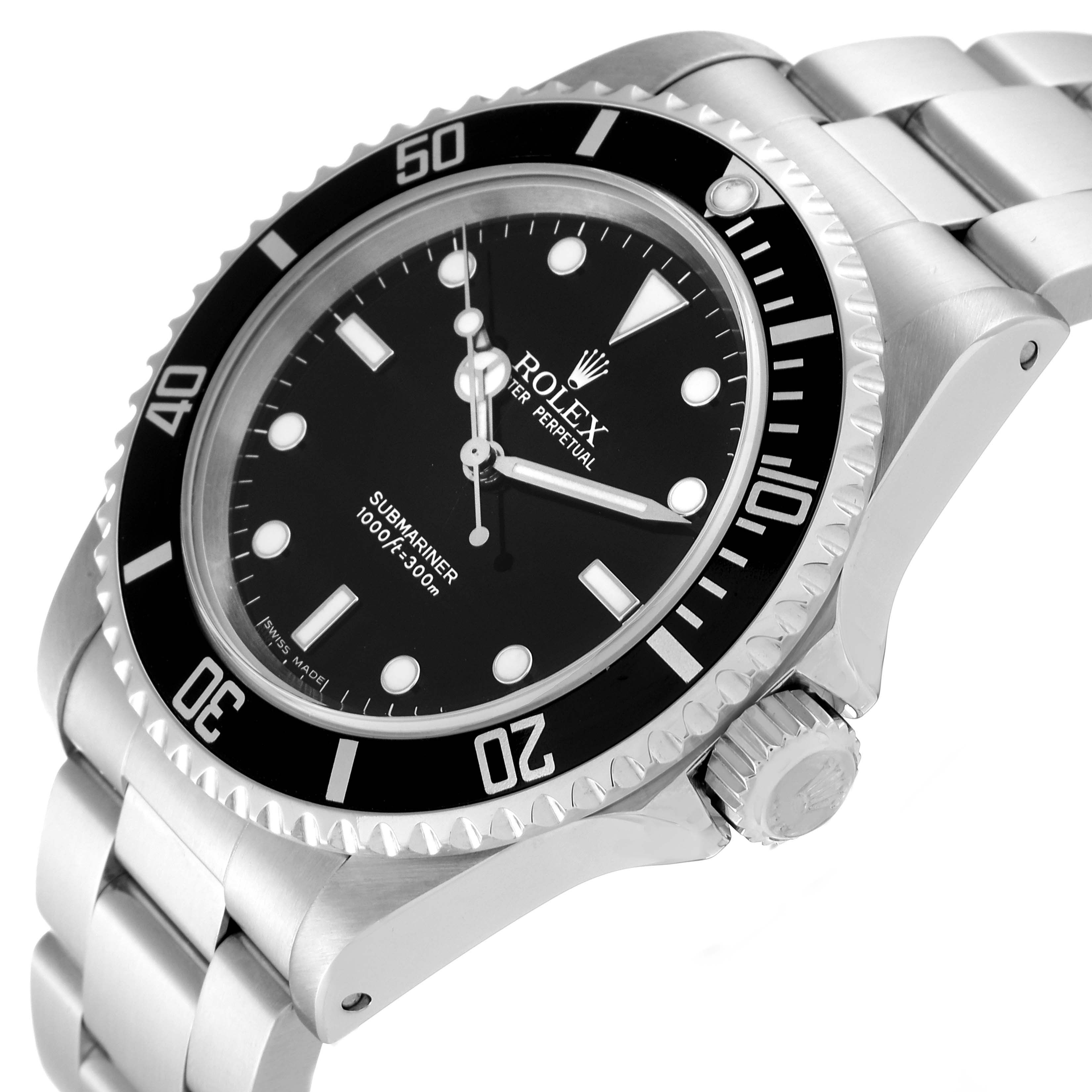 This image shows a close-up side angle of the Rolex Submariner 14060 Men
s Stainless Steel Black Dial 14060 Men
s Stainless Steel Black Dial, highlighting the dial, bezel, crown, and part of the bracelet.
