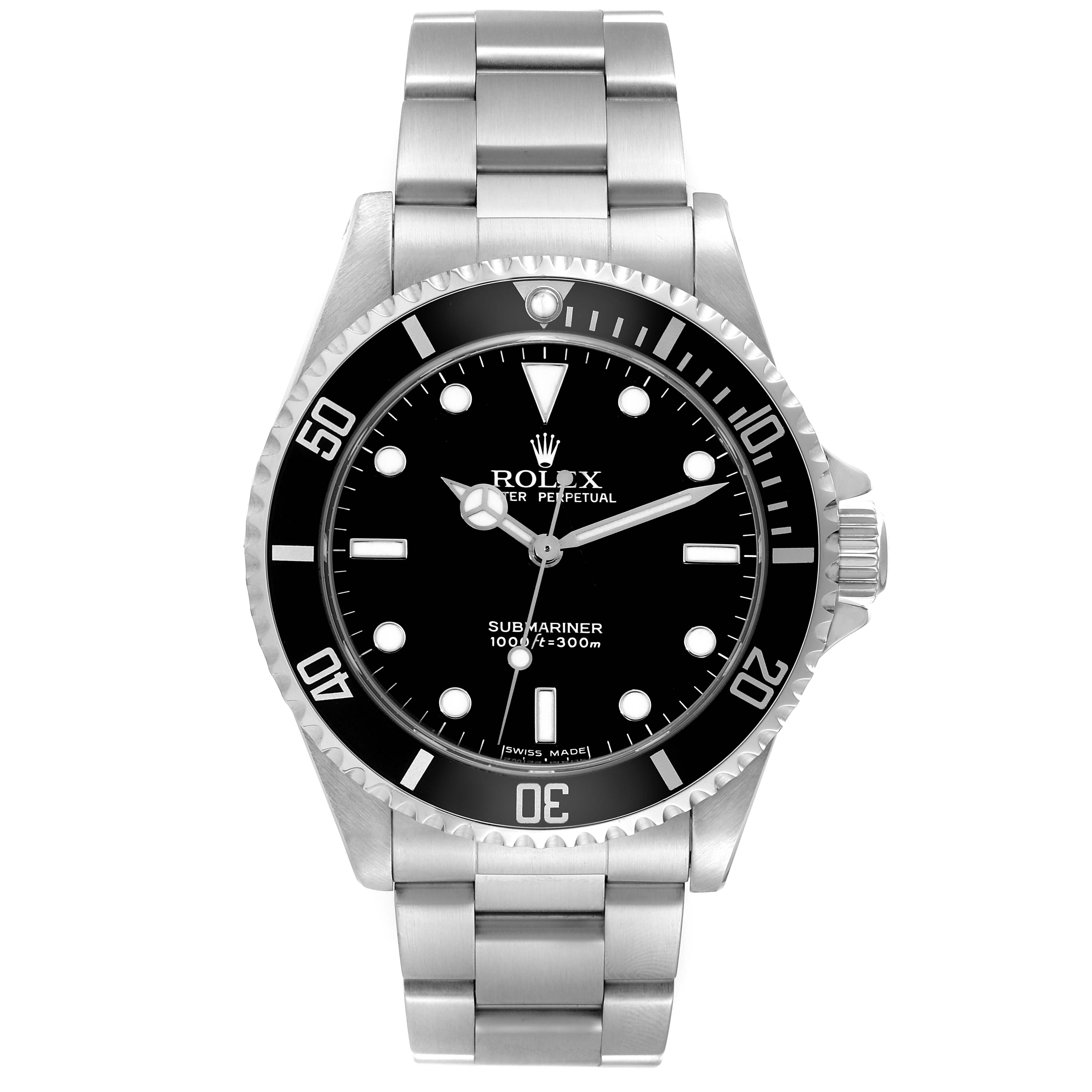 This image displays a front view of a Rolex Submariner 14060 Men
s Stainless Steel Black Dial 14060 Men
s Stainless Steel Black Dial watch, showcasing its dial, bezel, bracelet, and crown.