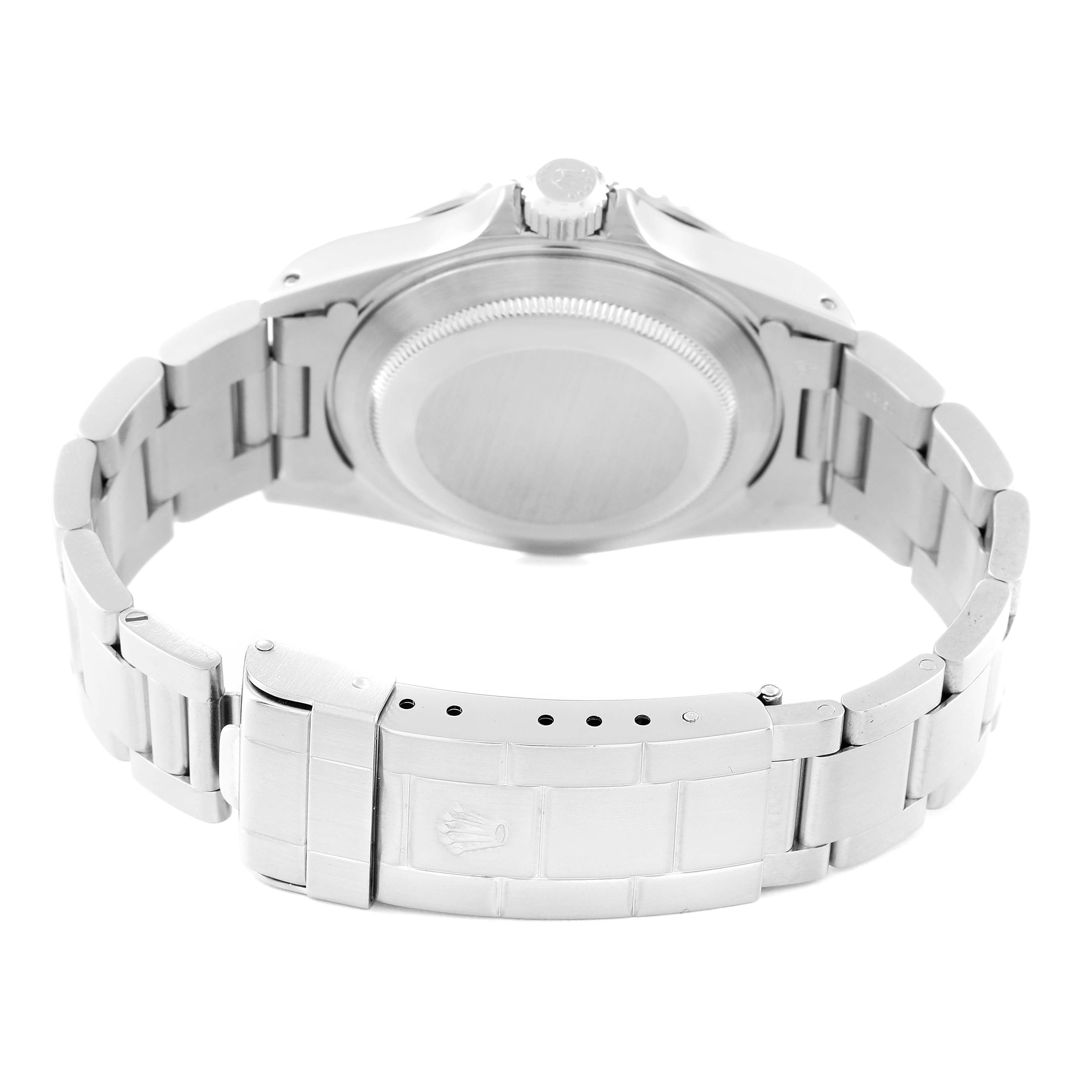 The image shows the back view of a Rolex Submariner 14060 Men
s Stainless Steel Black Dial 14060 Men
s Stainless Steel Black Dial watch, highlighting its bracelet, clasp, and caseback.