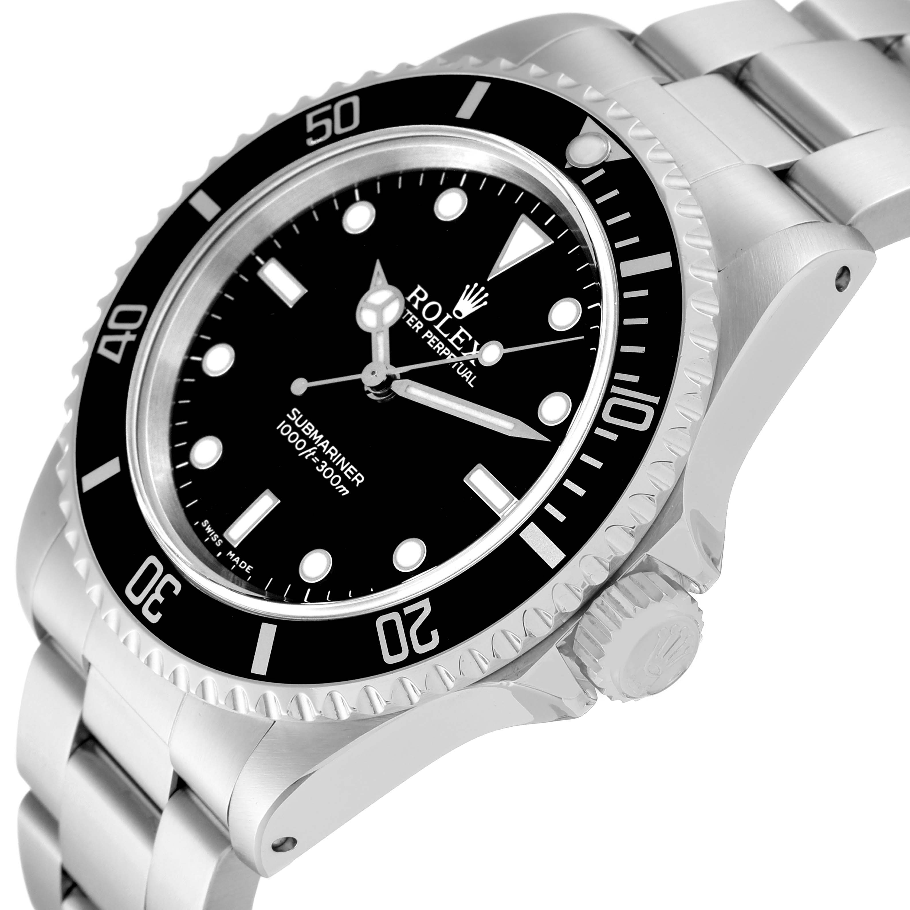 The image shows a close-up of a Rolex Submariner 14060 Men
s Stainless Steel Black Dial 14060 Men
s Stainless Steel Black Dial watch viewed at an angle, highlighting the black dial, bezel, and part of the bracelet.