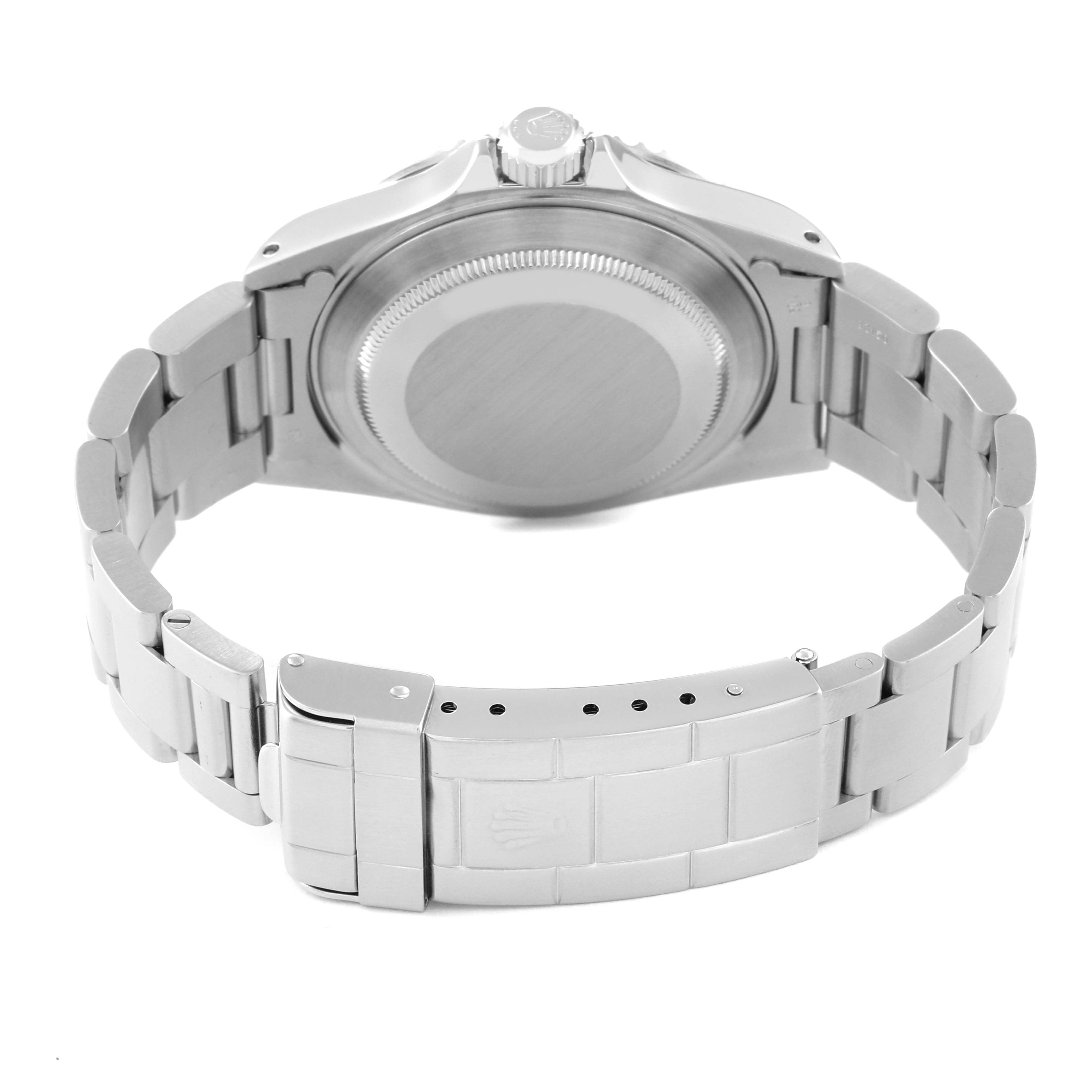 This image shows the back view, bracelet, and clasp of a Rolex Submariner 14060 Men
s Stainless Steel Black Dial 14060 Men
s Stainless Steel Black Dial watch.