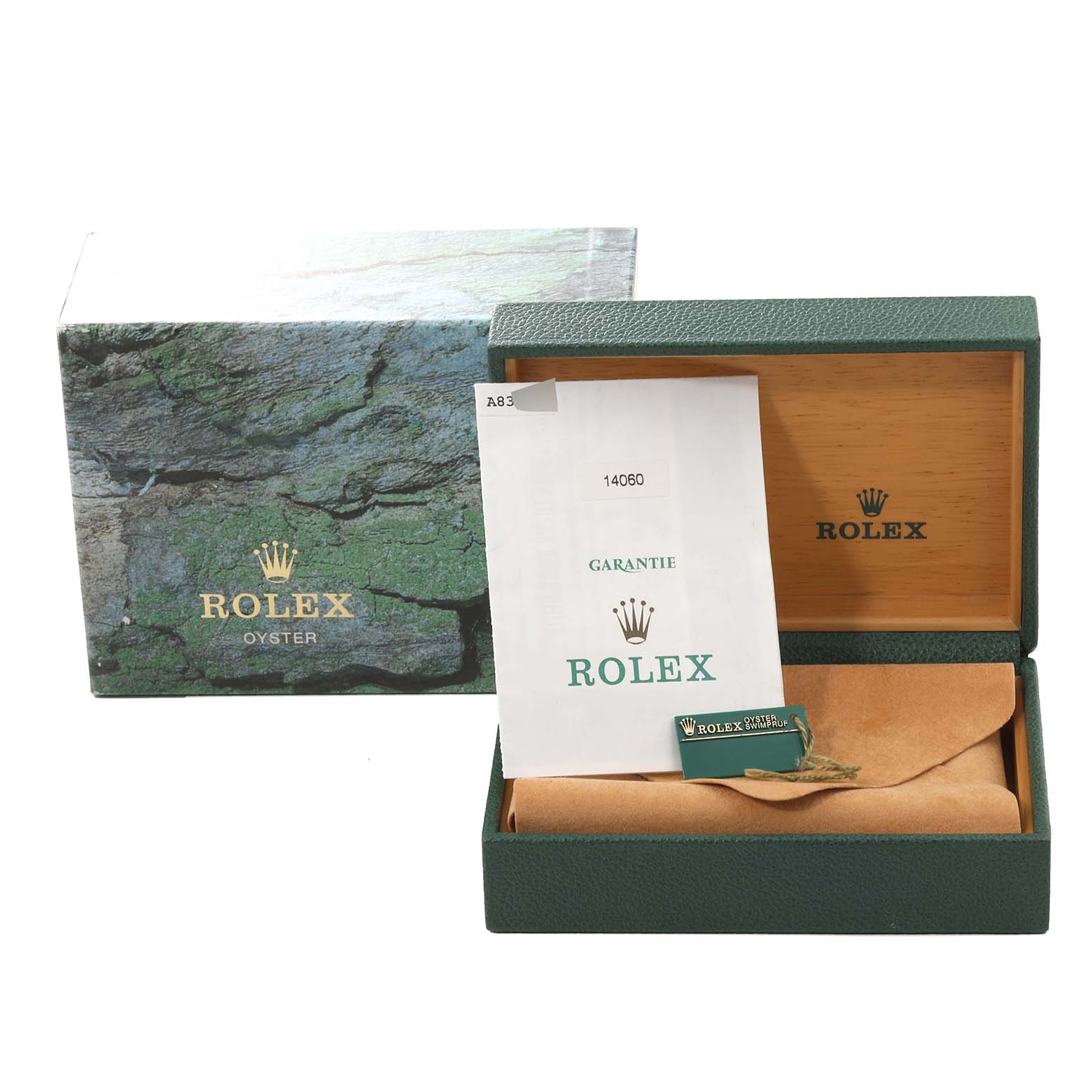 The image shows the packaging for a Rolex Submariner 14060 Men
s Stainless Steel Black Dial 14060 Men
s Stainless Steel Black Dial, including an outer box, inner wooden box, warranty card, and a holder.