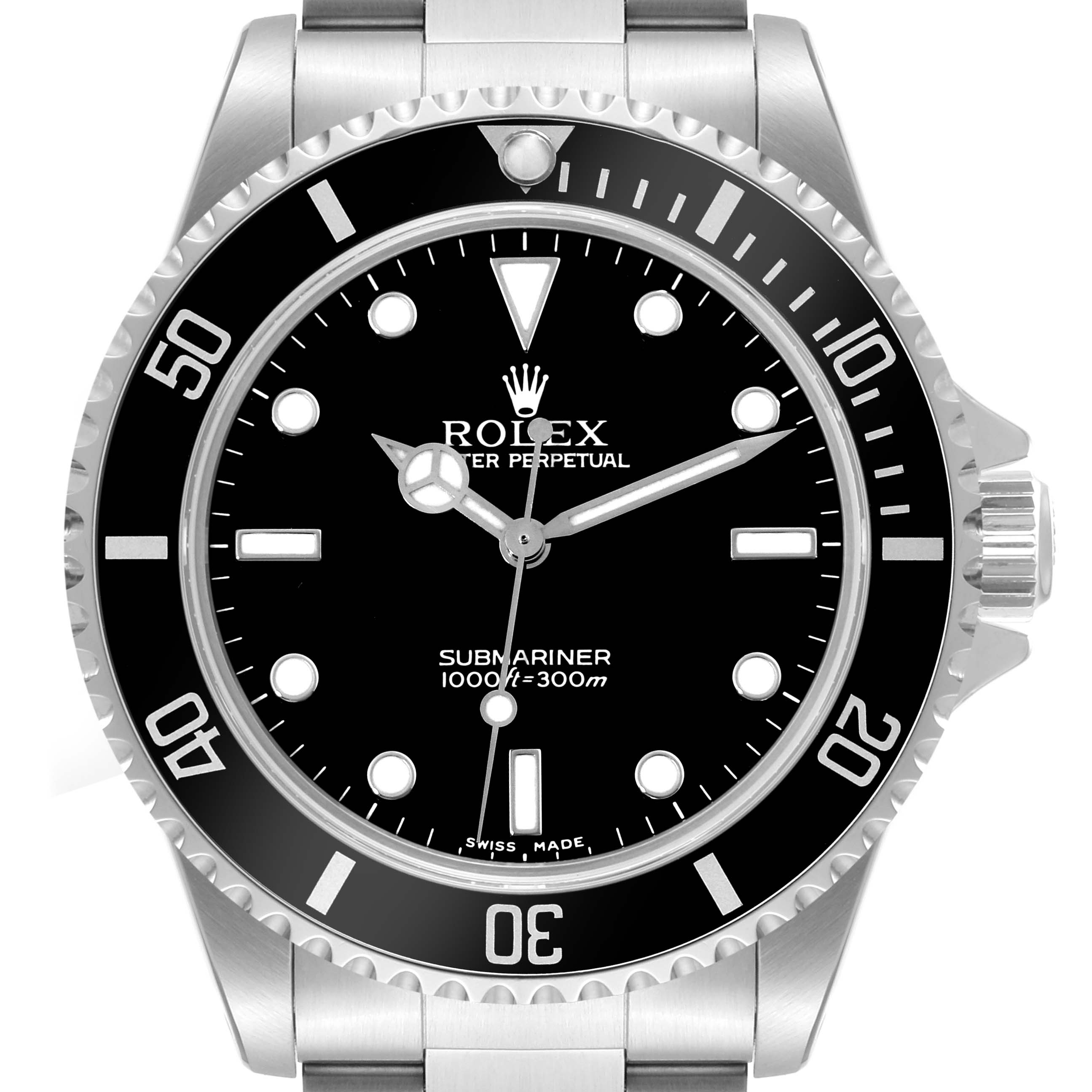 The image shows a frontal view of the Rolex Submariner 14060 Men
s Stainless Steel Black Dial 14060 Men
s Stainless Steel Black Dial watch, highlighting the dial, bezel, crown, and part of the bracelet.