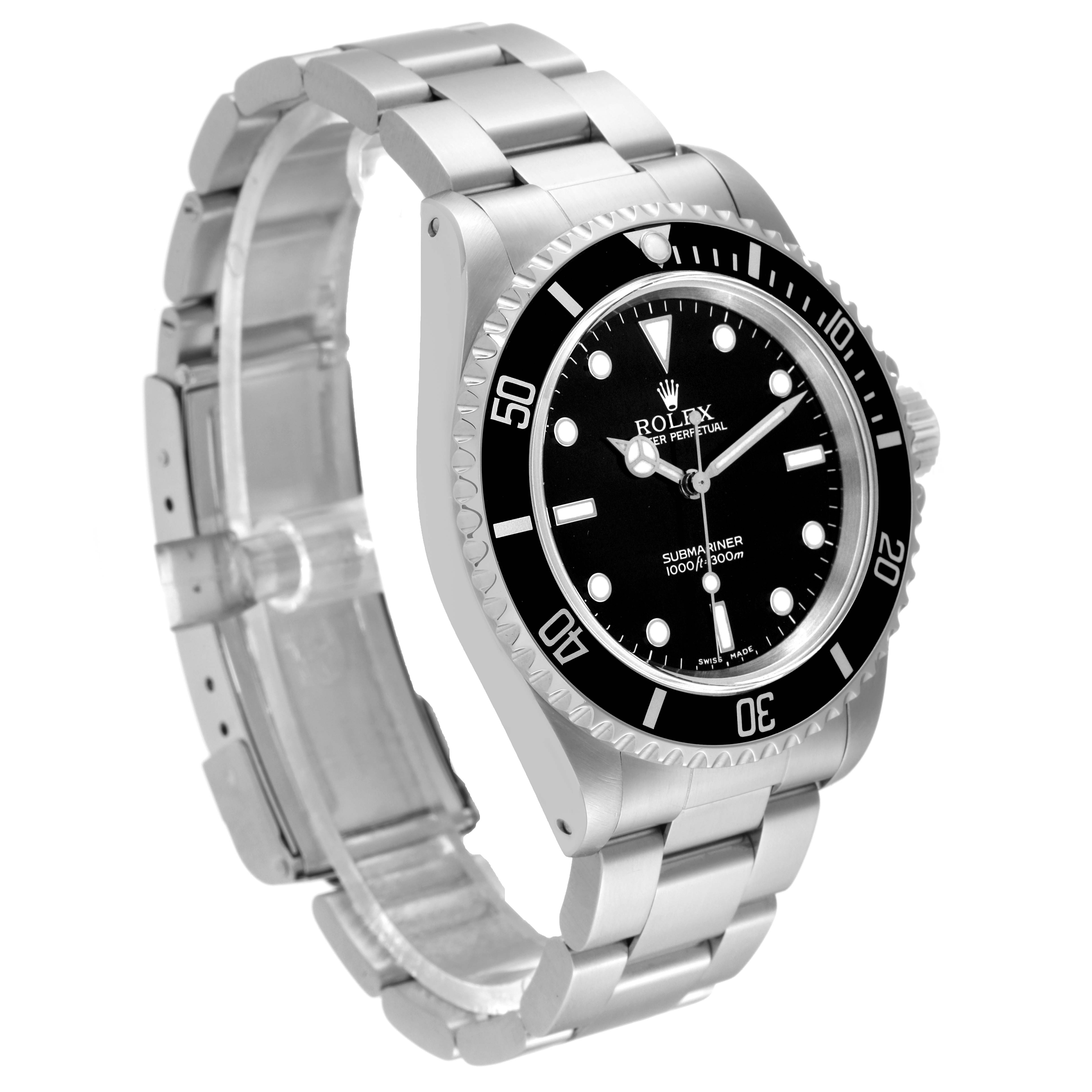 This image shows a Rolex Submariner 14060 Men
s Stainless Steel Black Dial 14060 Men
s Stainless Steel Black Dial watch at a slight angle, highlighting its face, bezel, and bracelet.