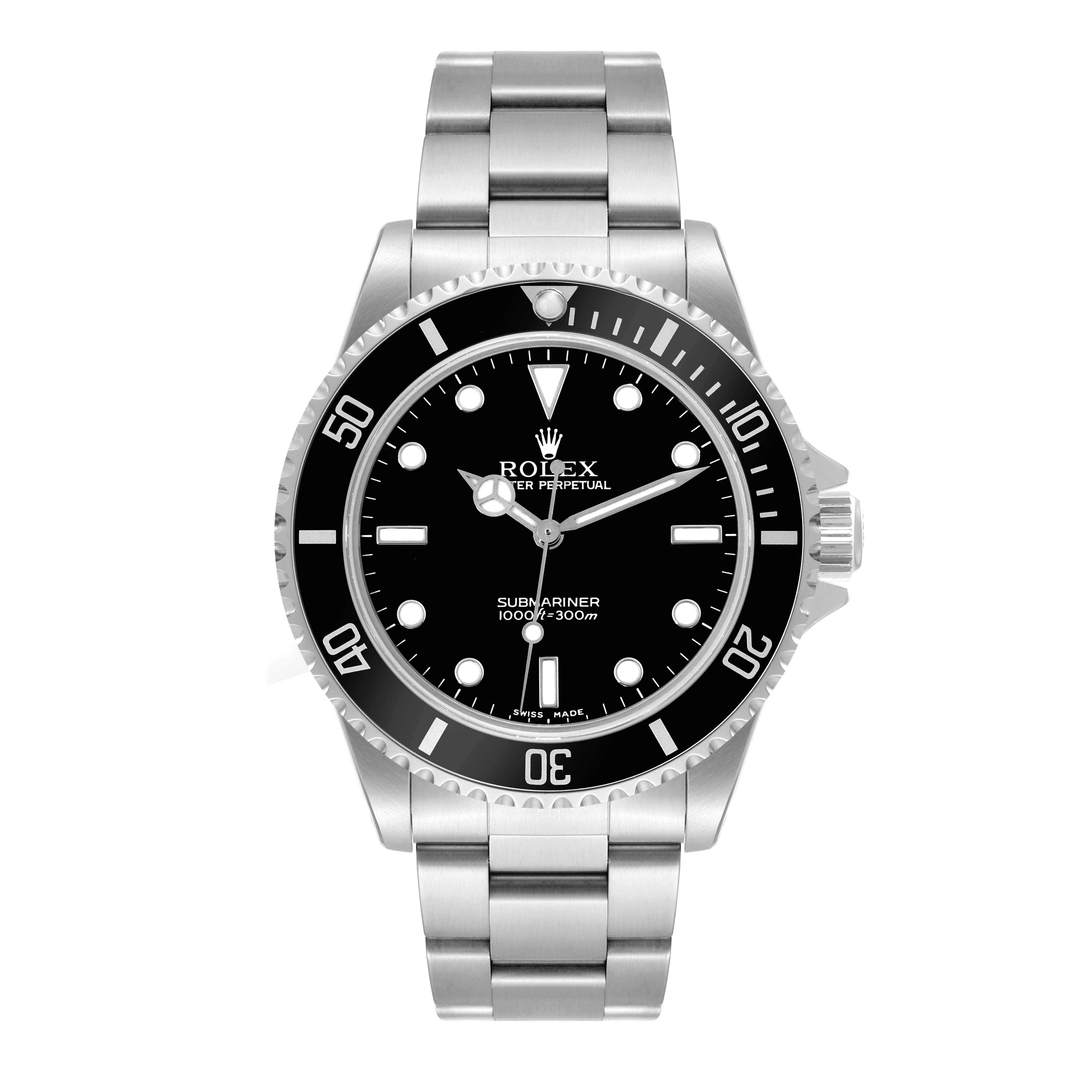 The image shows a front view of the Rolex Submariner 14060 Men
s Stainless Steel Black Dial 14060 Men
s Stainless Steel Black Dial watch, displaying its dial, bezel, and bracelet.