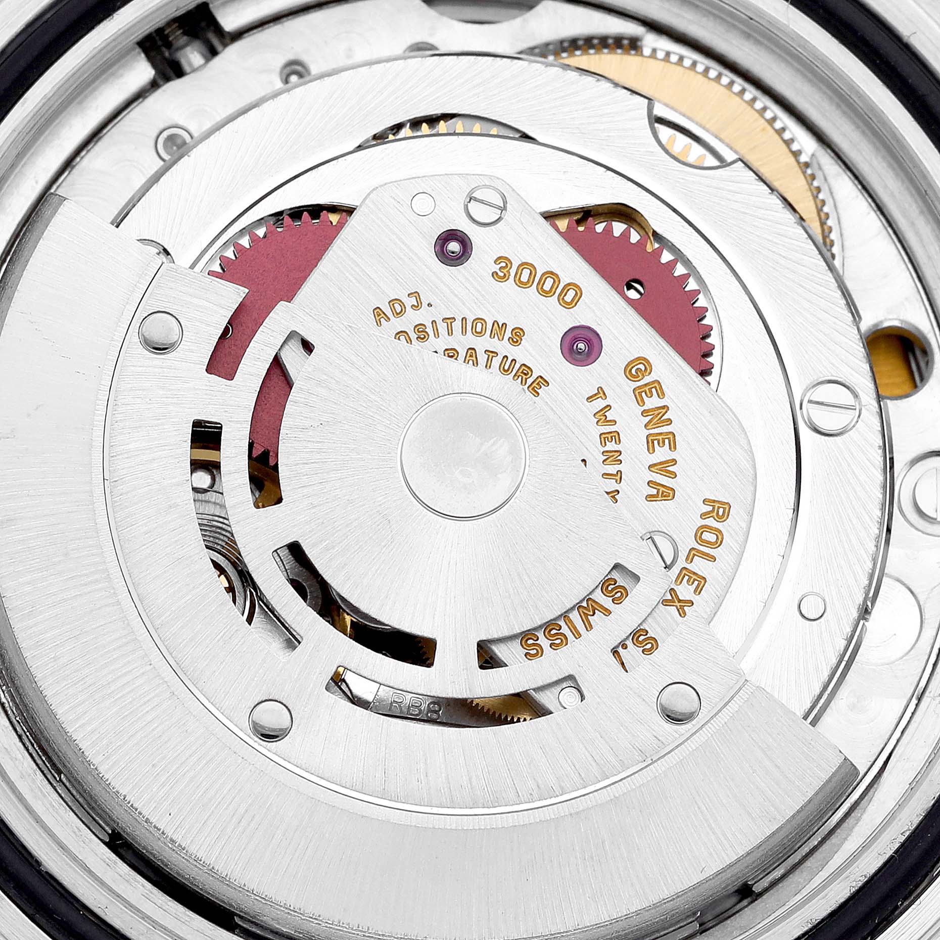 This close-up image shows the intricate internal mechanism of a Rolex Submariner 14060 Men
s Stainless Steel Black Dial 14060 Men
s Stainless Steel Black Dial watch.