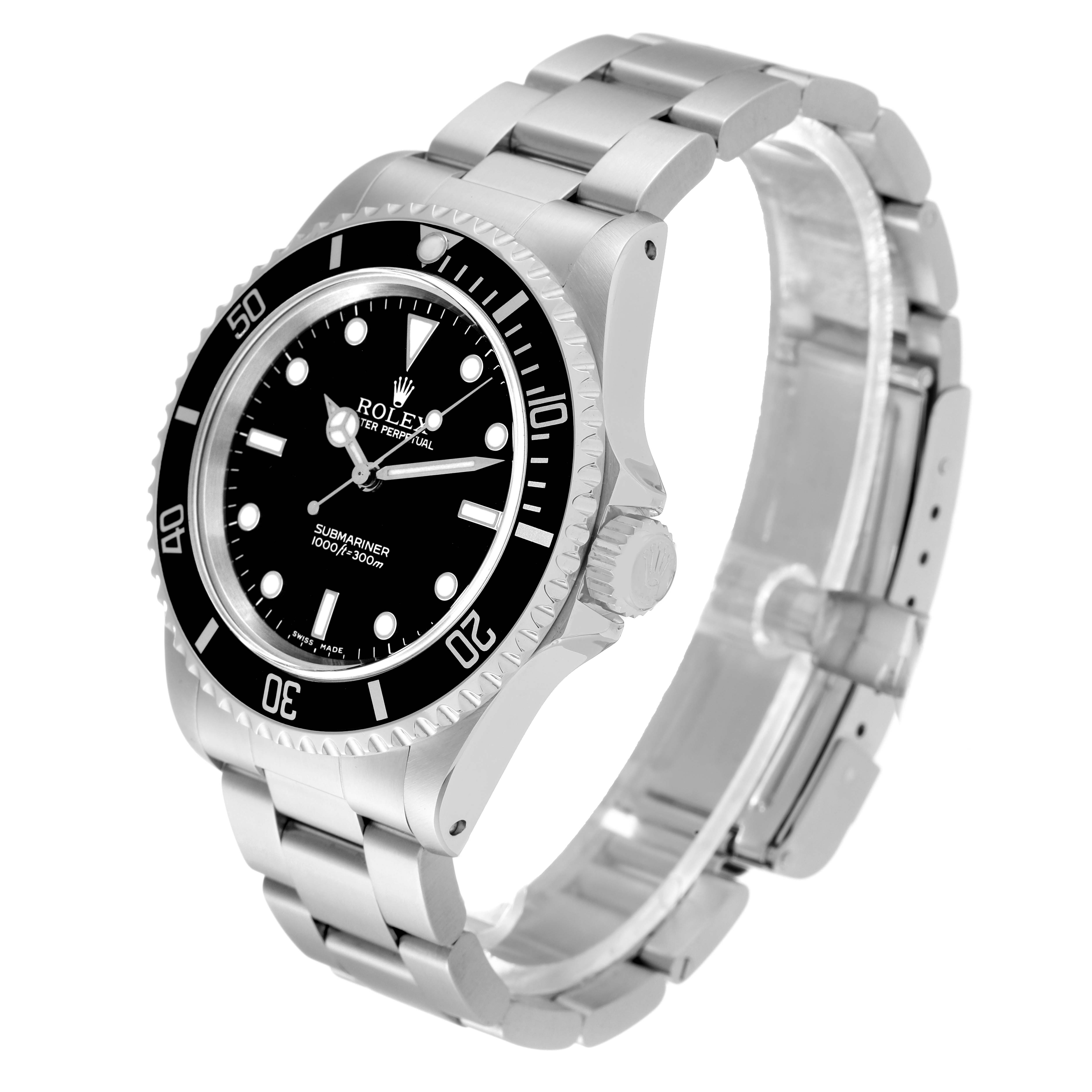 This image shows a Rolex Submariner 14060 Men
s Stainless Steel Black Dial 14060 Men
s Stainless Steel Black Dial watch at a three-quarter angle, displaying the face, bezel, crown, and part of the bracelet.