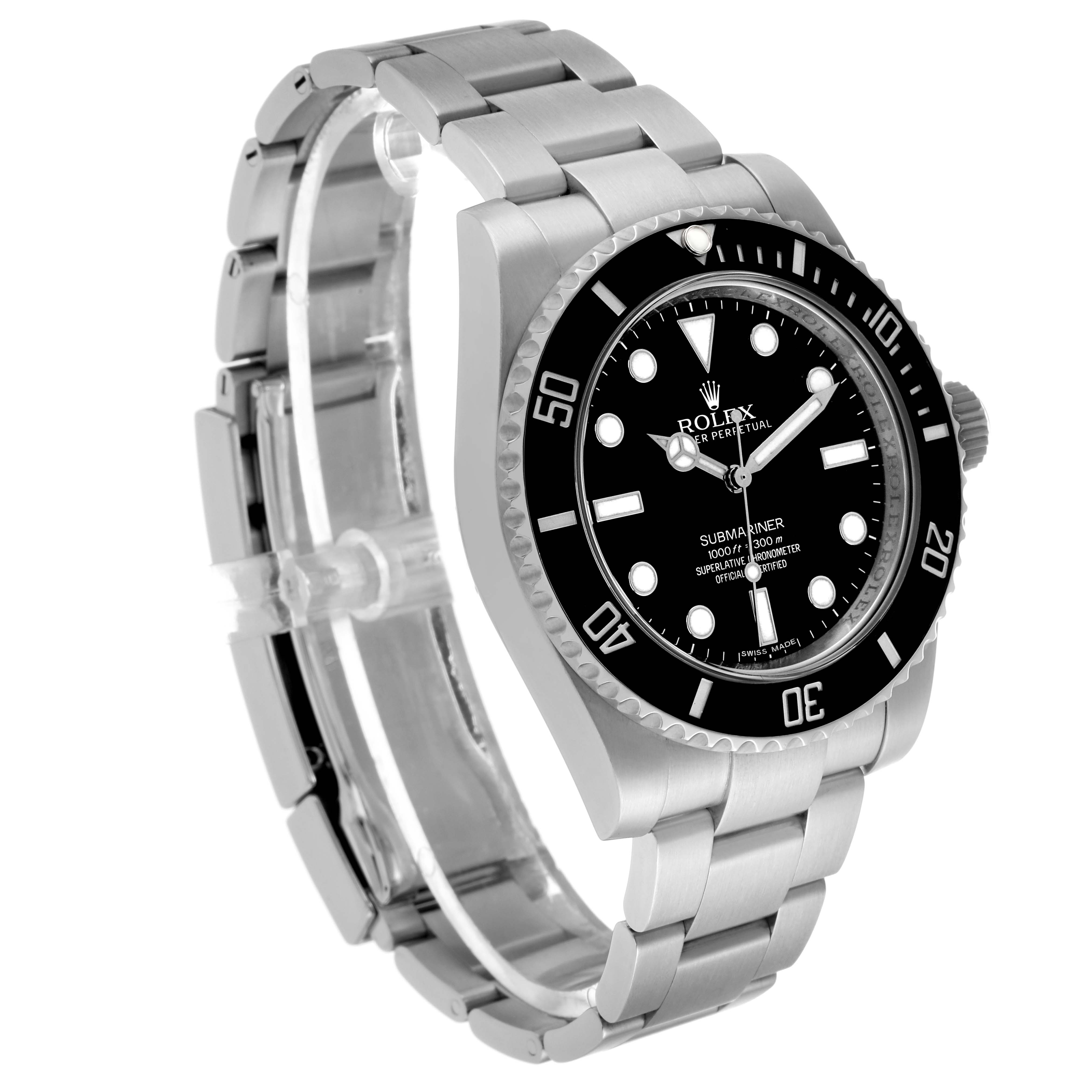 The Rolex Submariner 114060 Men's Stainless Steel Black Dial watch is shown at an angled side view, revealing the bezel, dial, bracelet, and crown.
