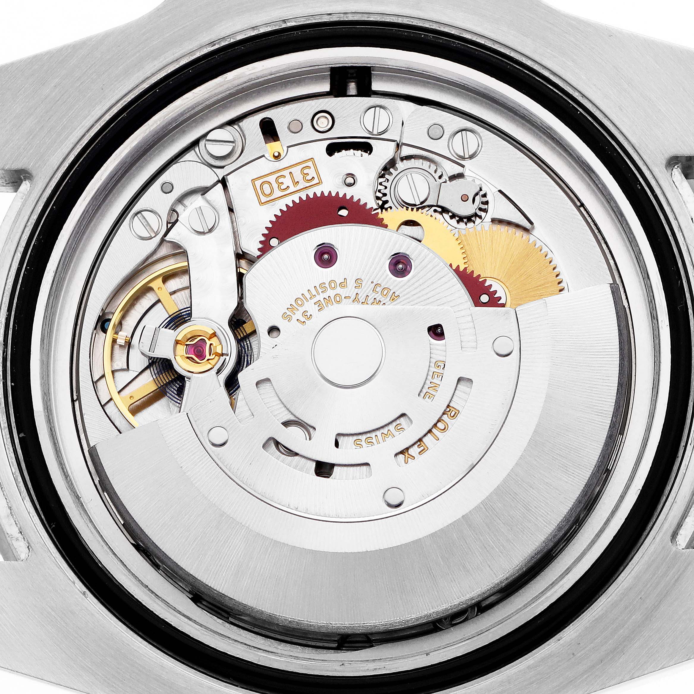 The image shows the movement of a Rolex Submariner 114060 Men's Stainless Steel Black Dial watch from a back view, highlighting gears and the rotor.