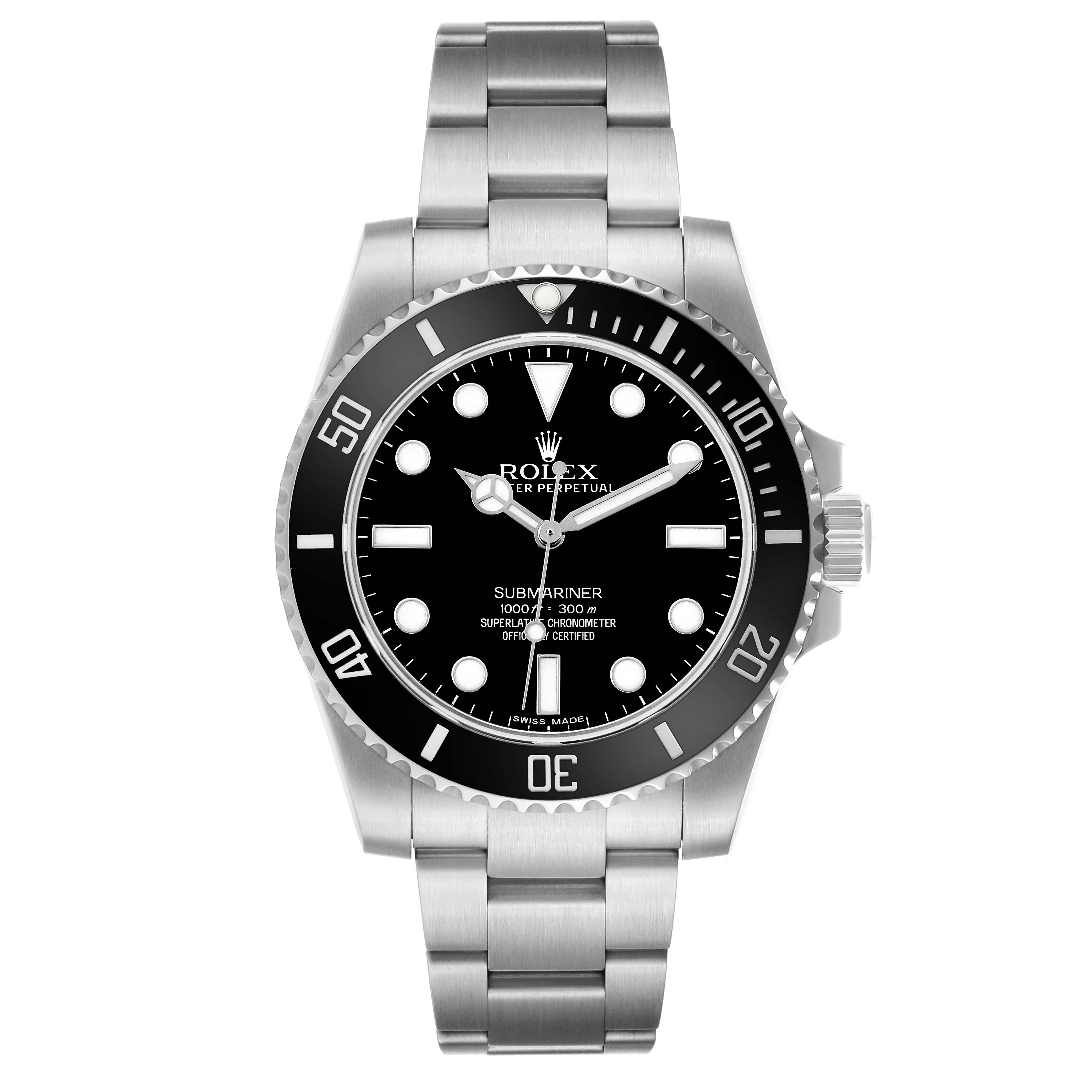 The Rolex Submariner 114060 Men's Stainless Steel Black Dial watch is shown from a frontal angle, highlighting the dial, bezel, case, and bracelet.