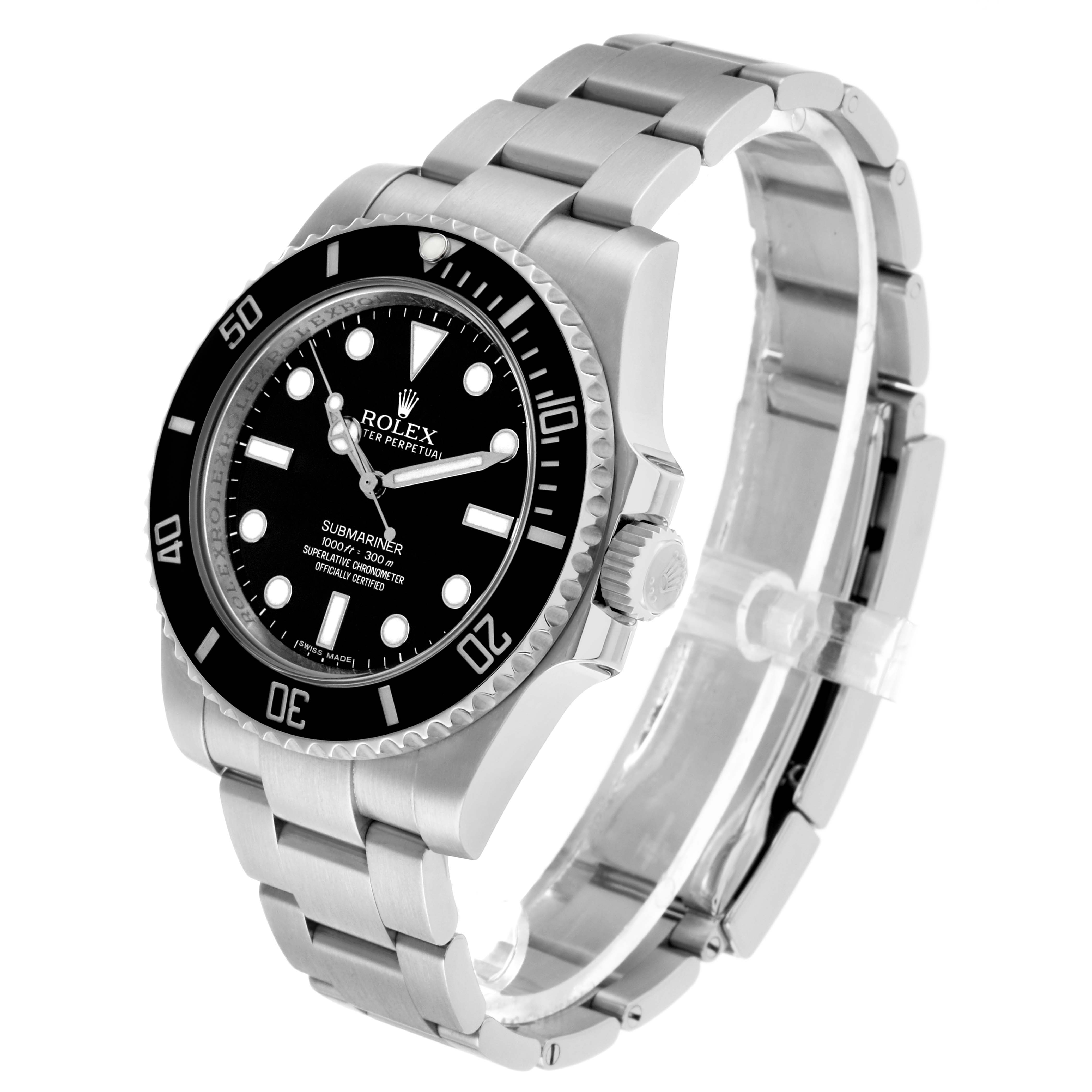 The Rolex Submariner 114060 Men's Stainless Steel Black Dial watch is shown at an angled side view, featuring the face, bezel, crown, and stainless steel bracelet.