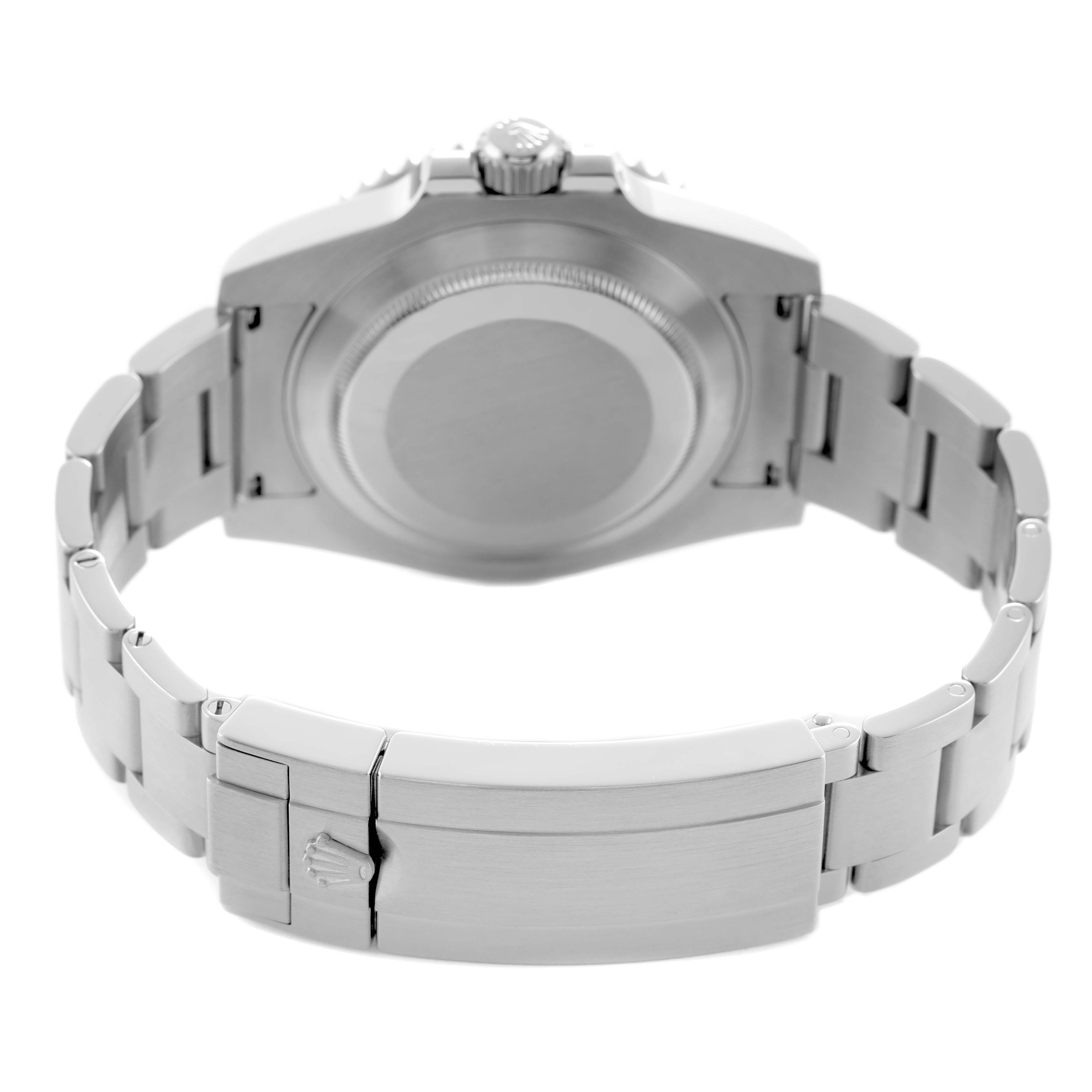 The image shows the back of a Rolex Submariner 114060 Men's Stainless Steel Black Dial watch, highlighting the case back, bracelet, and clasp from a rear angle.