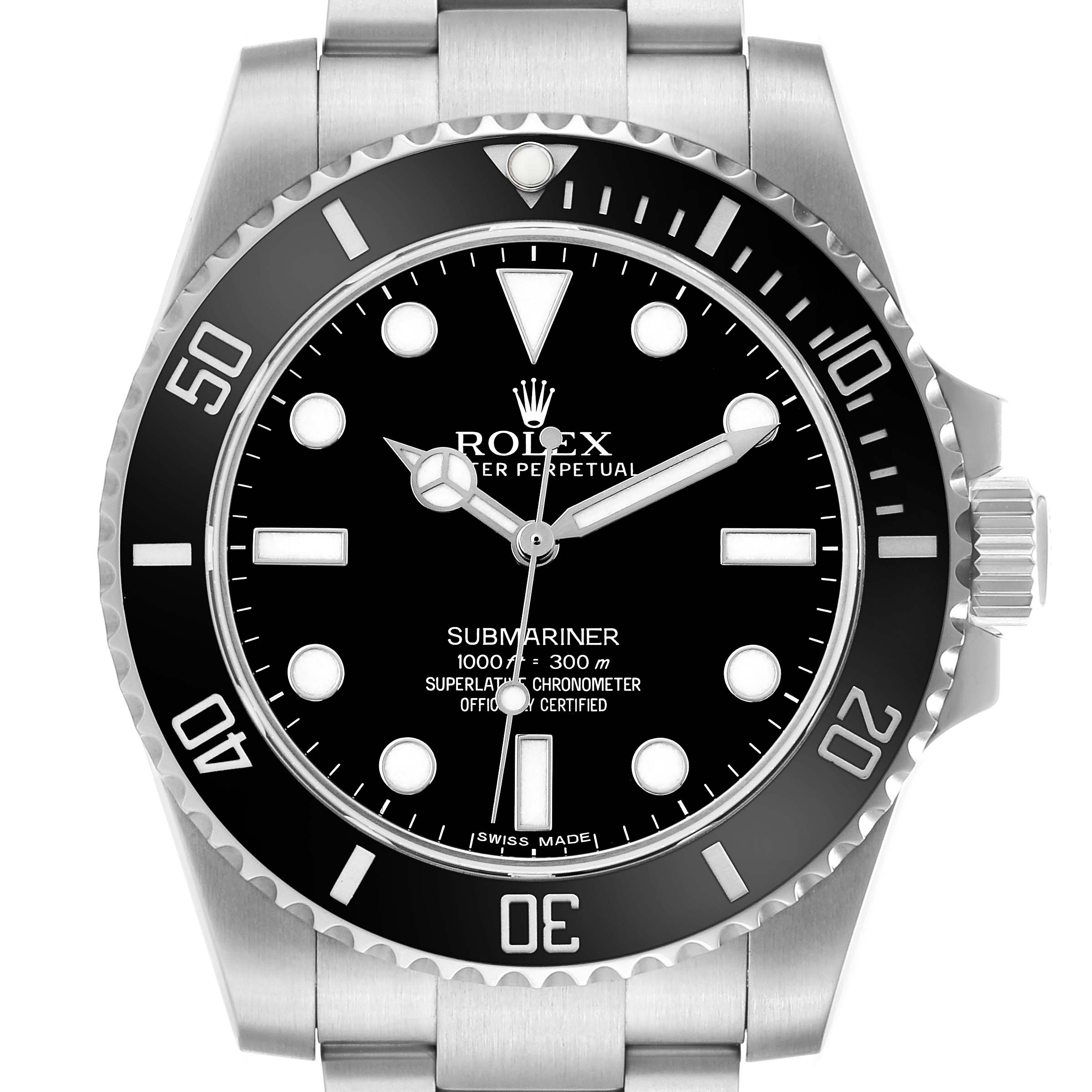 The Rolex Submariner 114060 Men's Stainless Steel Black Dial is shown from a front angle, displaying the dial, bezel, and part of the bracelet.