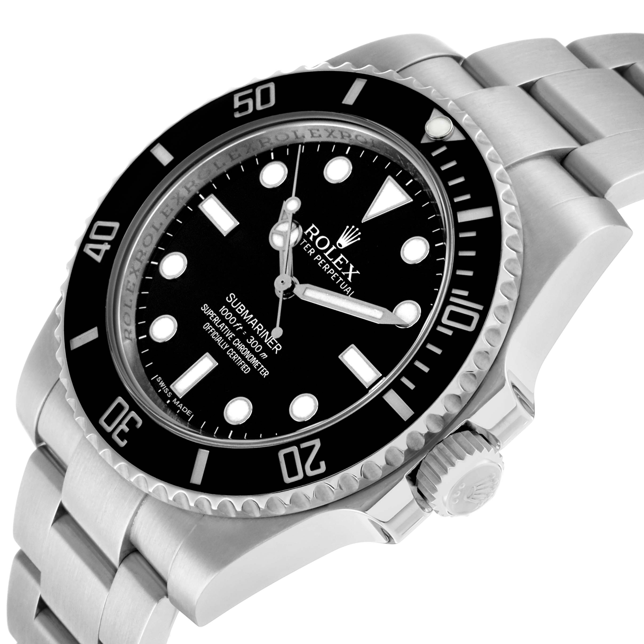 The Rolex Submariner 114060 Men's Stainless Steel Black Dial is shown at a slight angle, highlighting the face, bezel, crown, and part of the bracelet.