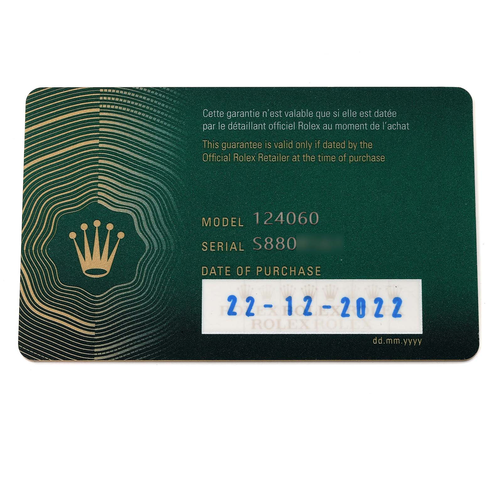 This image shows the warranty card for a Rolex Submariner 124060 Men
s Stainless Steel Black Dial 124060 Men
s Stainless Steel Black Dial model 124060 with purchase details.