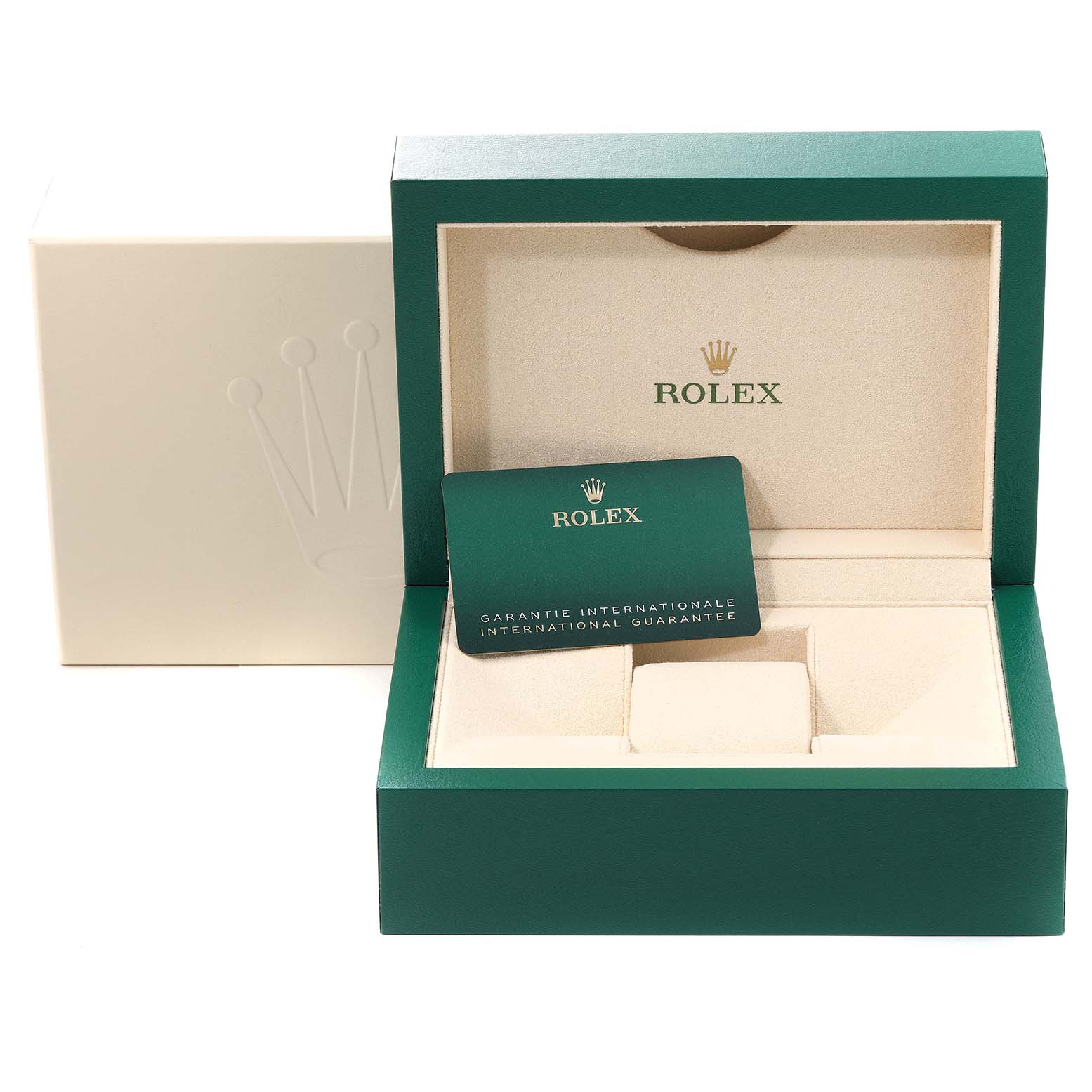 The image shows an open Rolex Submariner 124060 Men
s Stainless Steel Black Dial 124060 Men
s Stainless Steel Black Dial box and its international guarantee card.