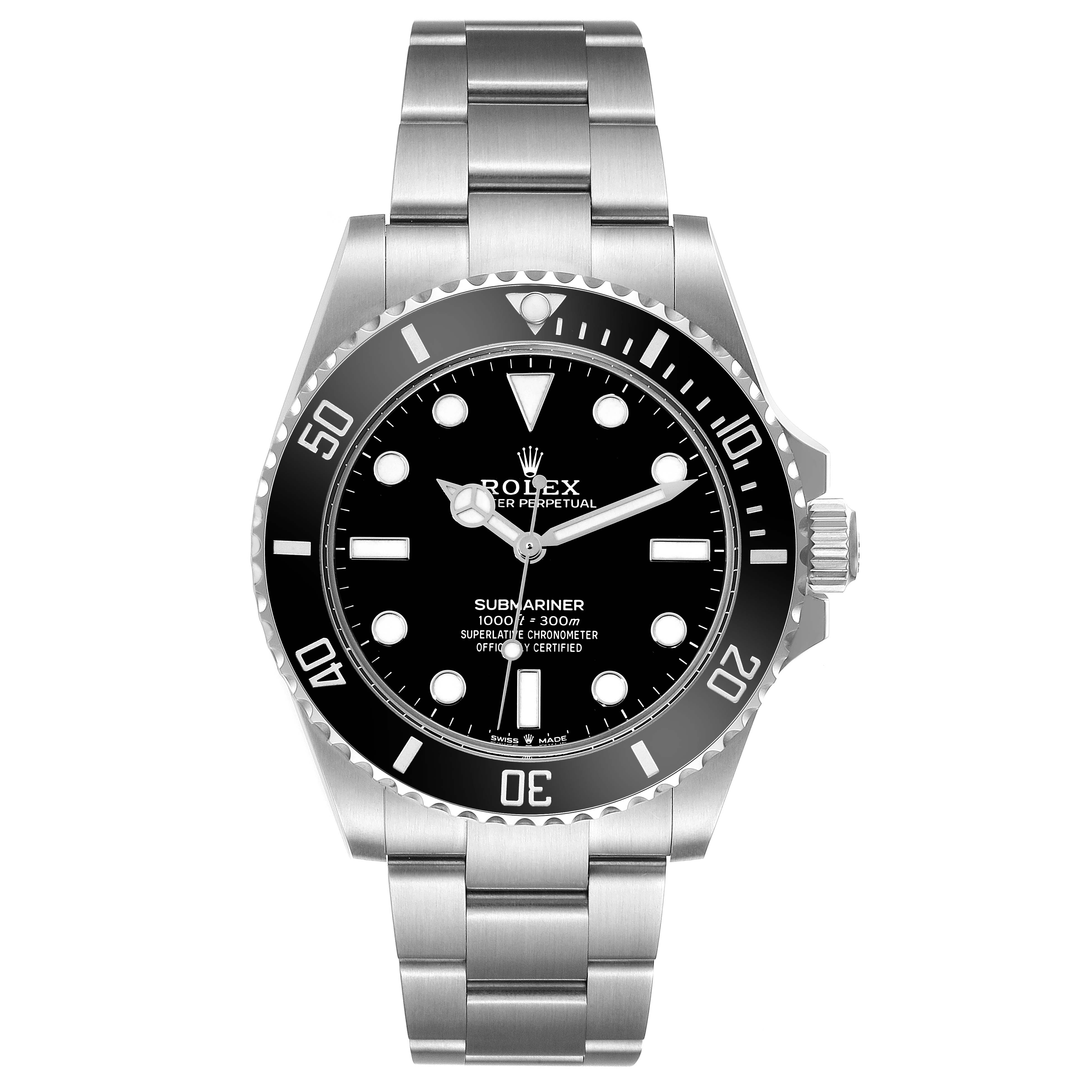The image shows a front view of the Rolex Submariner 124060 Men
s Stainless Steel Black Dial 124060 Men
s Stainless Steel Black Dial watch, highlighting the dial, bezel, and bracelet.