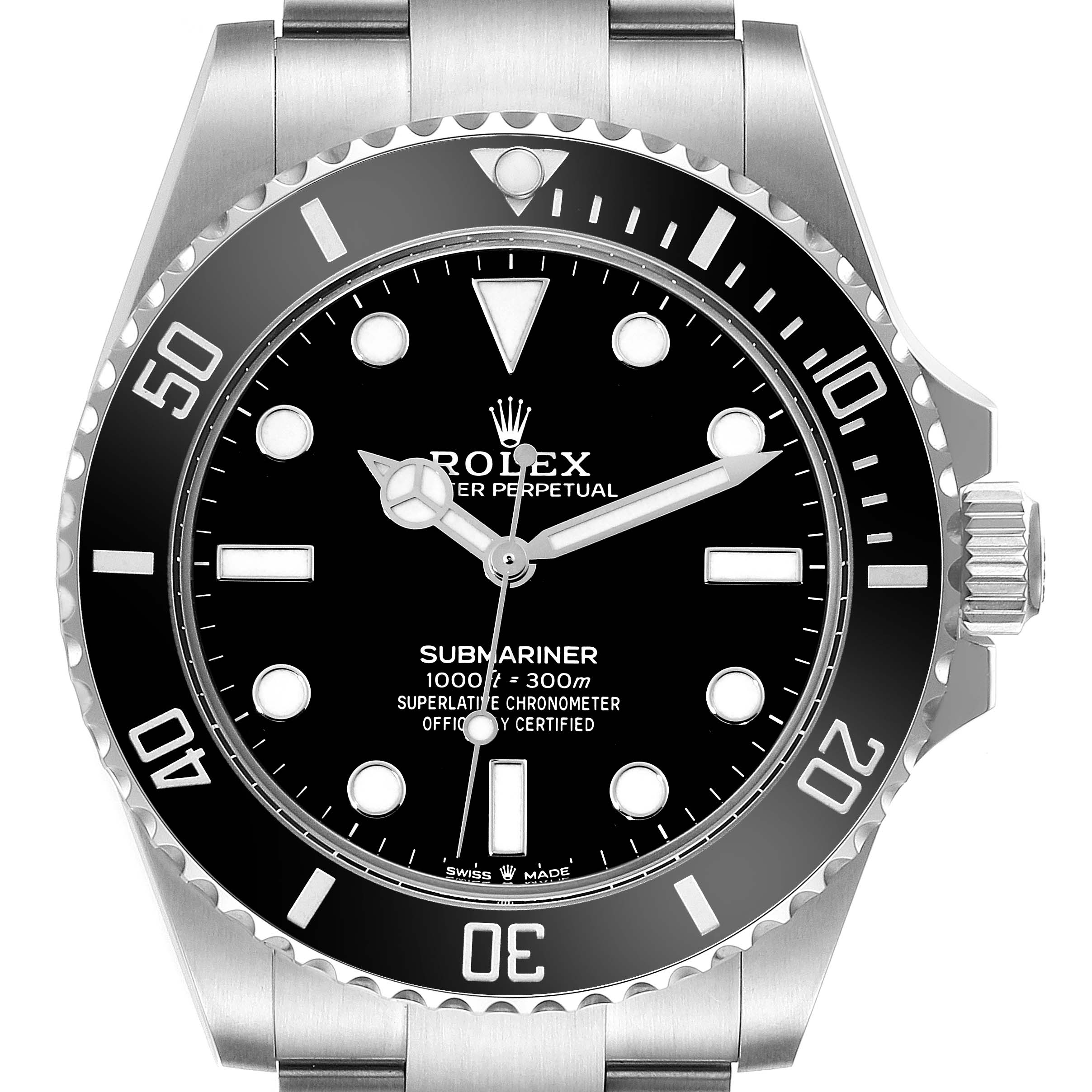 This image shows a front view of the Rolex Submariner 124060 Men
s Stainless Steel Black Dial 124060 Men
s Stainless Steel Black Dial watch, highlighting its dial, bezel, and crown.