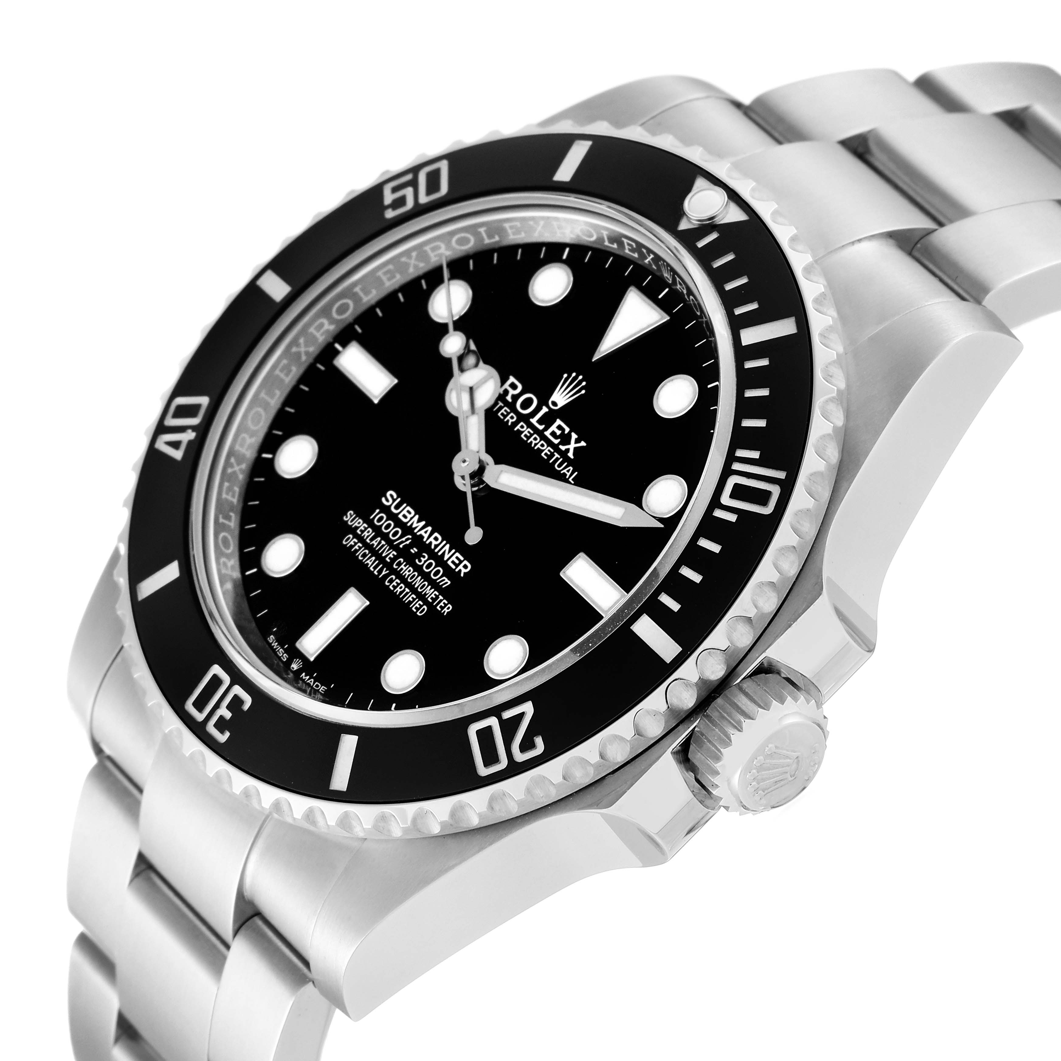 This image shows a Rolex Submariner 124060 Men
s Stainless Steel Black Dial 124060 Men
s Stainless Steel Black Dial watch at an angled close-up, highlighting its bezel, dial, crown, and bracelet.