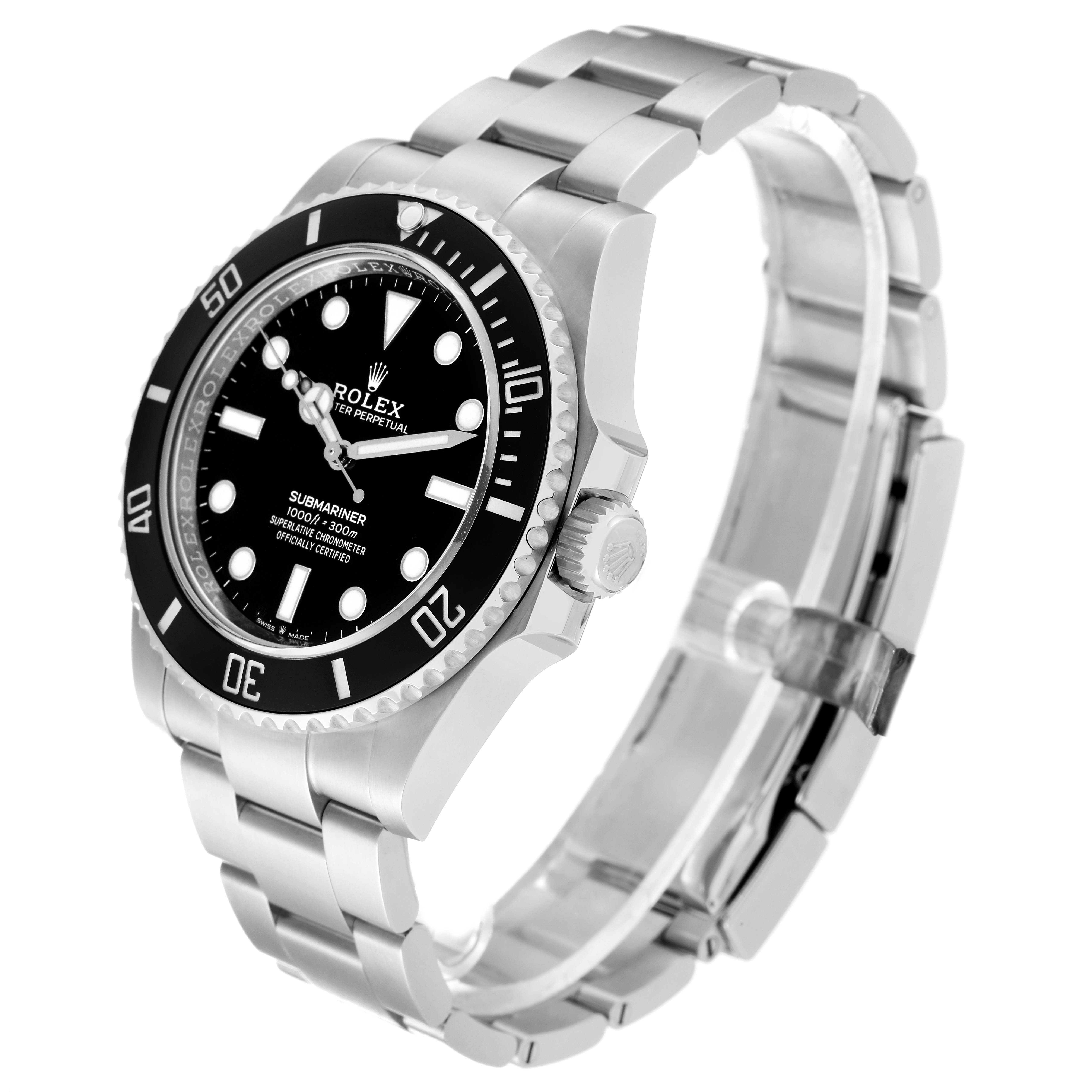 The image shows a side angle of the Rolex Submariner 124060 Men
s Stainless Steel Black Dial 124060 Men
s Stainless Steel Black Dial watch, highlighting its black dial, bezel, crown, and stainless steel band.