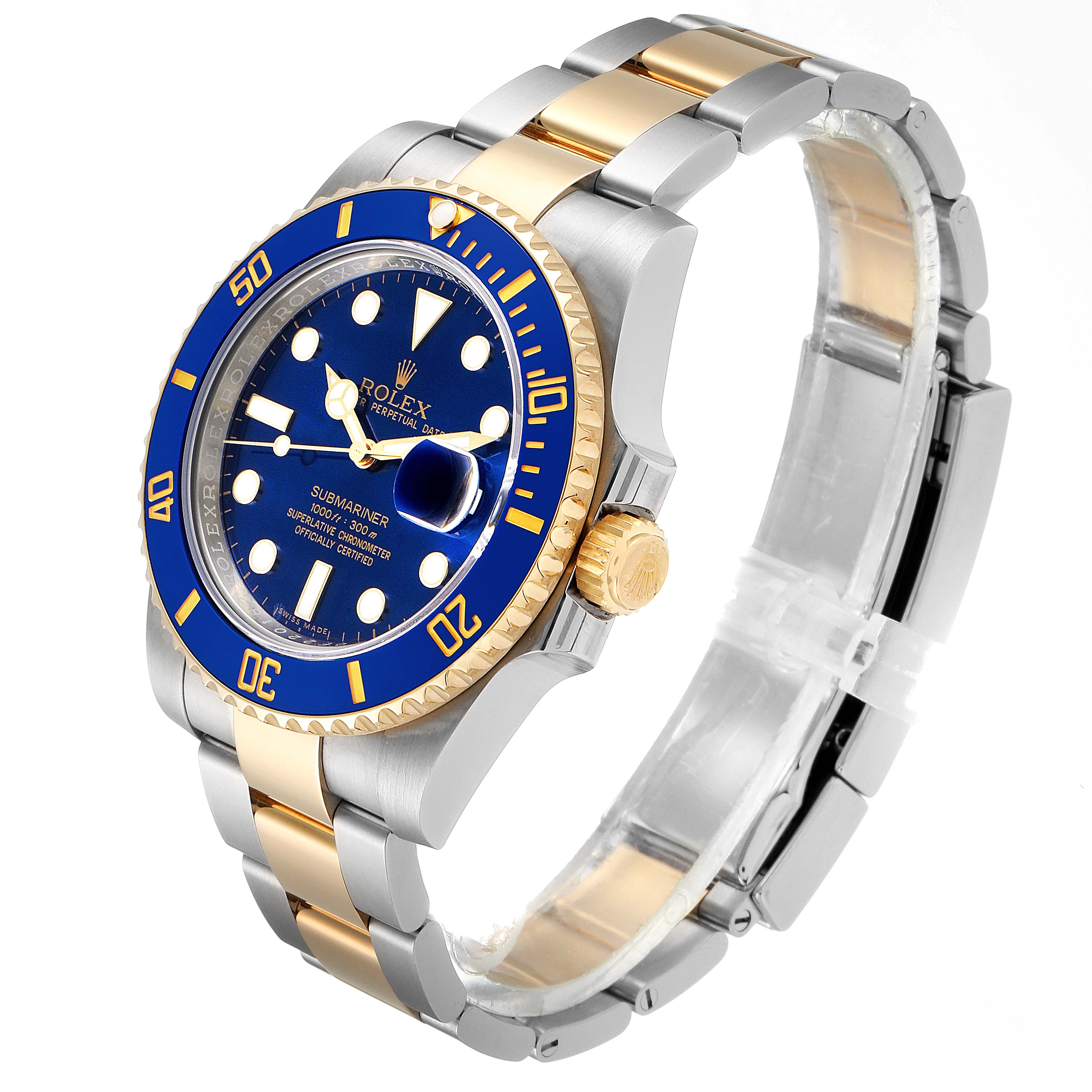 The image shows an angled view of a Rolex Submariner 116613 Men's Steel and Gold (two tone) Blue Dial 116613 Men's Steel and Gold (two tone) Blue Dial watch, highlighting the dial, bezel, crown, and bracelet.