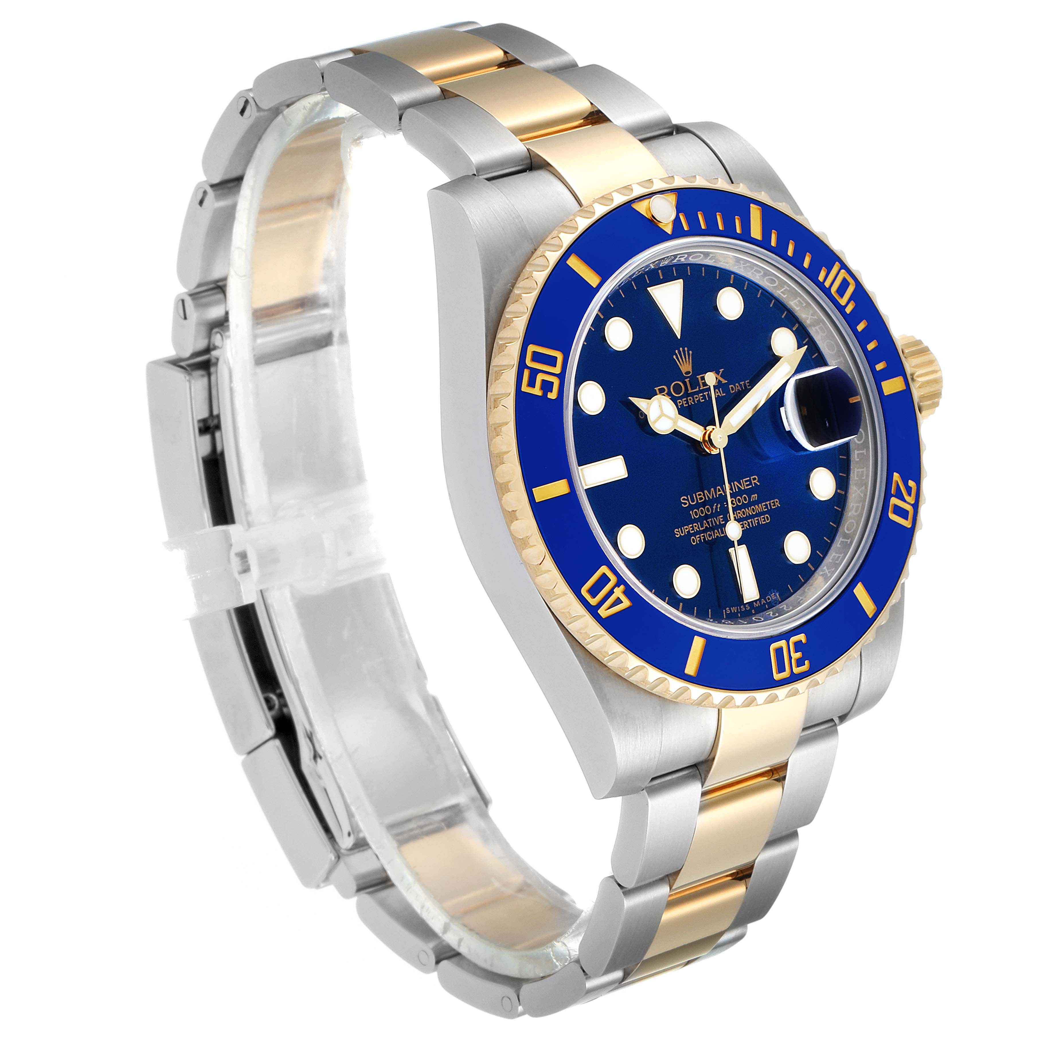 The image shows a side angle of a Rolex Submariner 116613 Men's Steel and Gold (two tone) Blue Dial 116613 Men's Steel and Gold (two tone) Blue Dial watch with a blue dial and bezel, along with a two-tone metal bracelet.
