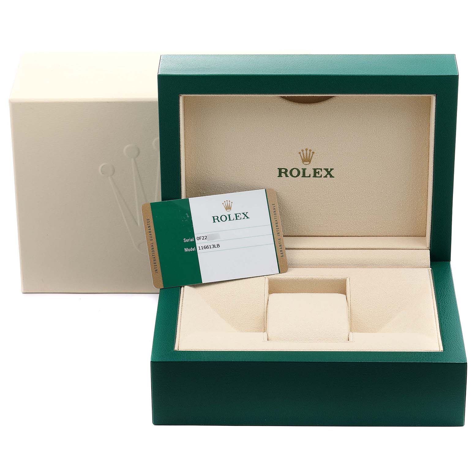 The image shows an open Rolex Submariner 116613 Men's Steel and Gold (two tone) Blue Dial 116613 Men's Steel and Gold (two tone) Blue Dial watch box with an authentication card placed inside.