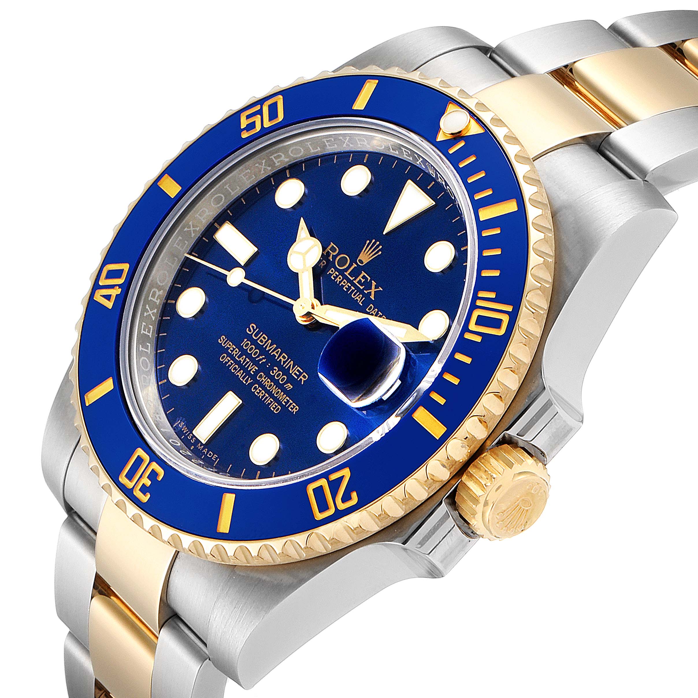 This image shows the Rolex Submariner 116613 Men's Steel and Gold (two tone) Blue Dial 116613 Men's Steel and Gold (two tone) Blue Dial watch at a three-quarter angle, highlighting the bezel, crown, dial, and bracelet.