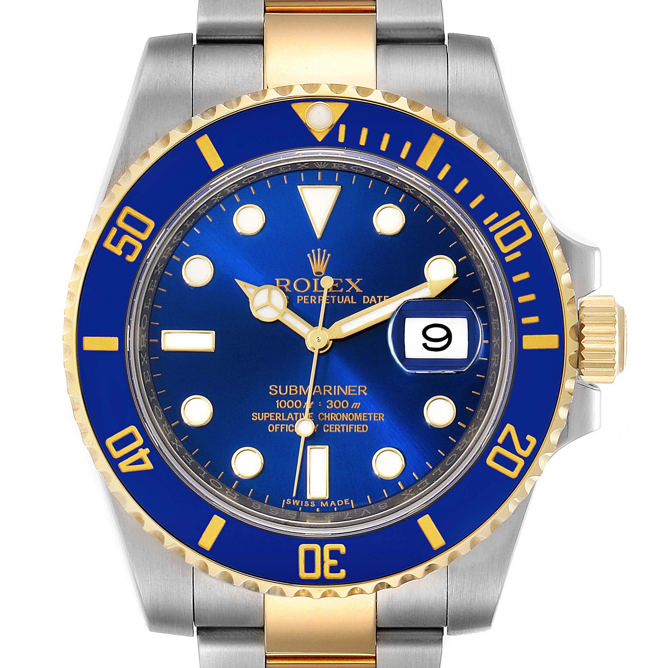 The image shows a Rolex Submariner 116613 Men's Steel and Gold (two tone) Blue Dial 116613 Men's Steel and Gold (two tone) Blue Dial watch from the front, highlighting its blue dial, bezel, and two-tone bracelet.