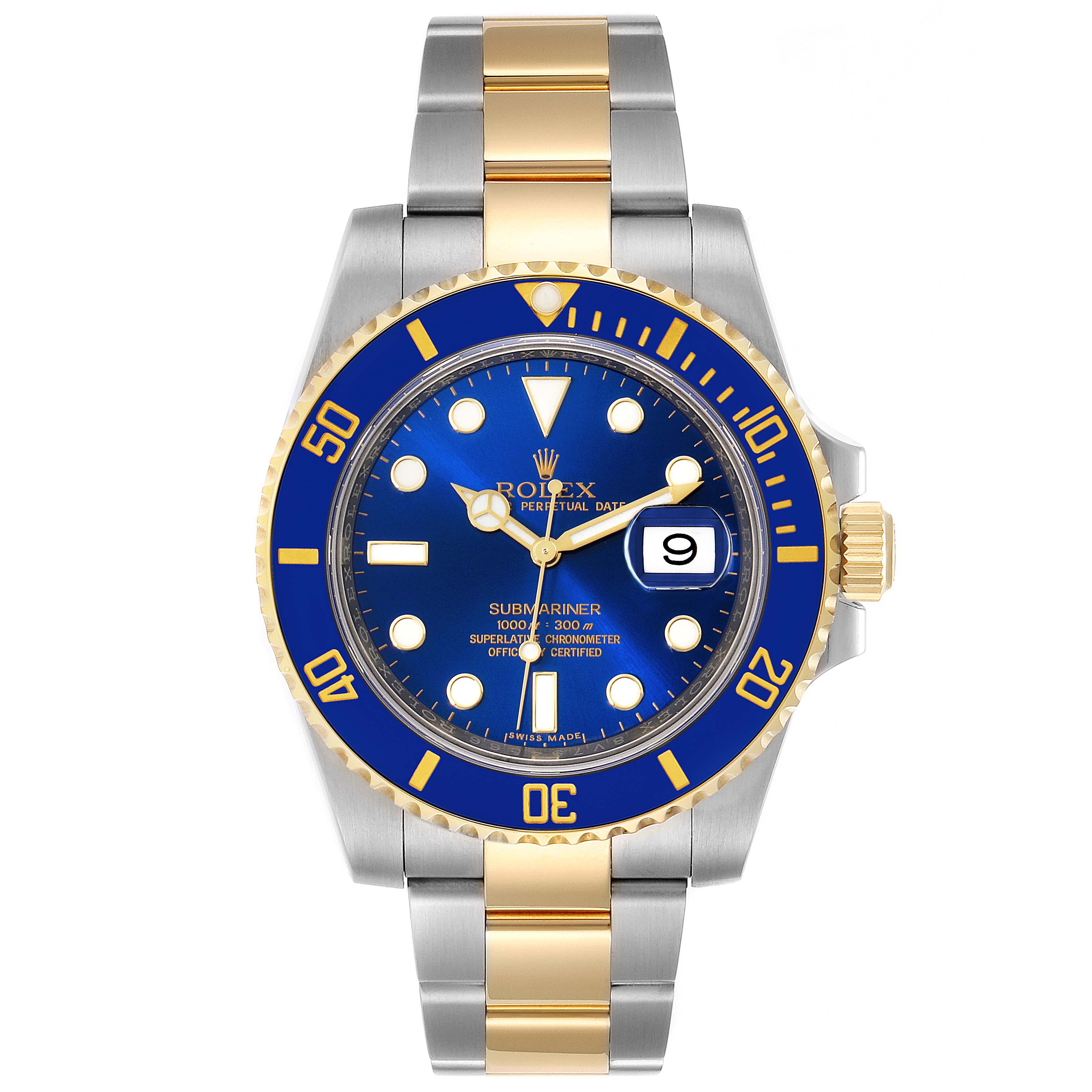 The image shows a top-down view of a Rolex Submariner 116613 Men's Steel and Gold (two tone) Blue Dial 116613 Men's Steel and Gold (two tone) Blue Dial with a blue dial, gold and stainless steel bracelet, and a date display.