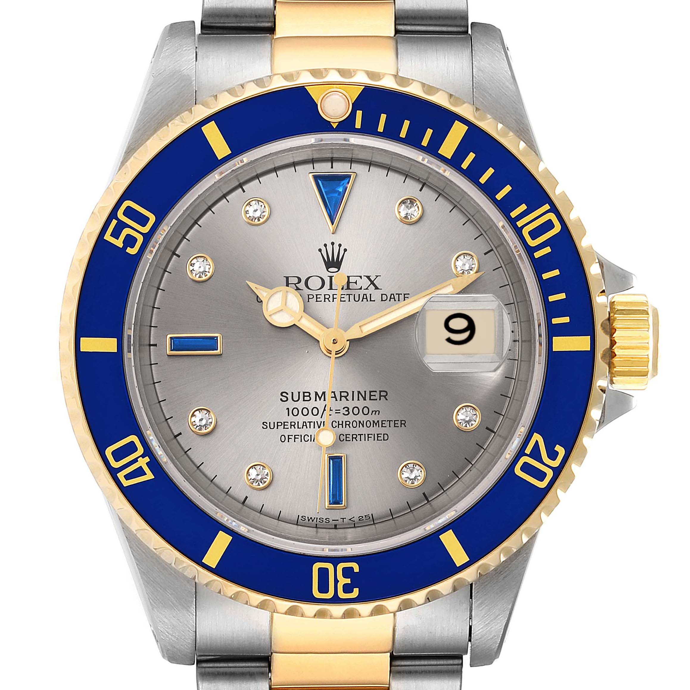 Rolex Submariner Steel Gold Diamond Sapphire Serti Dial Watch 16613 ...