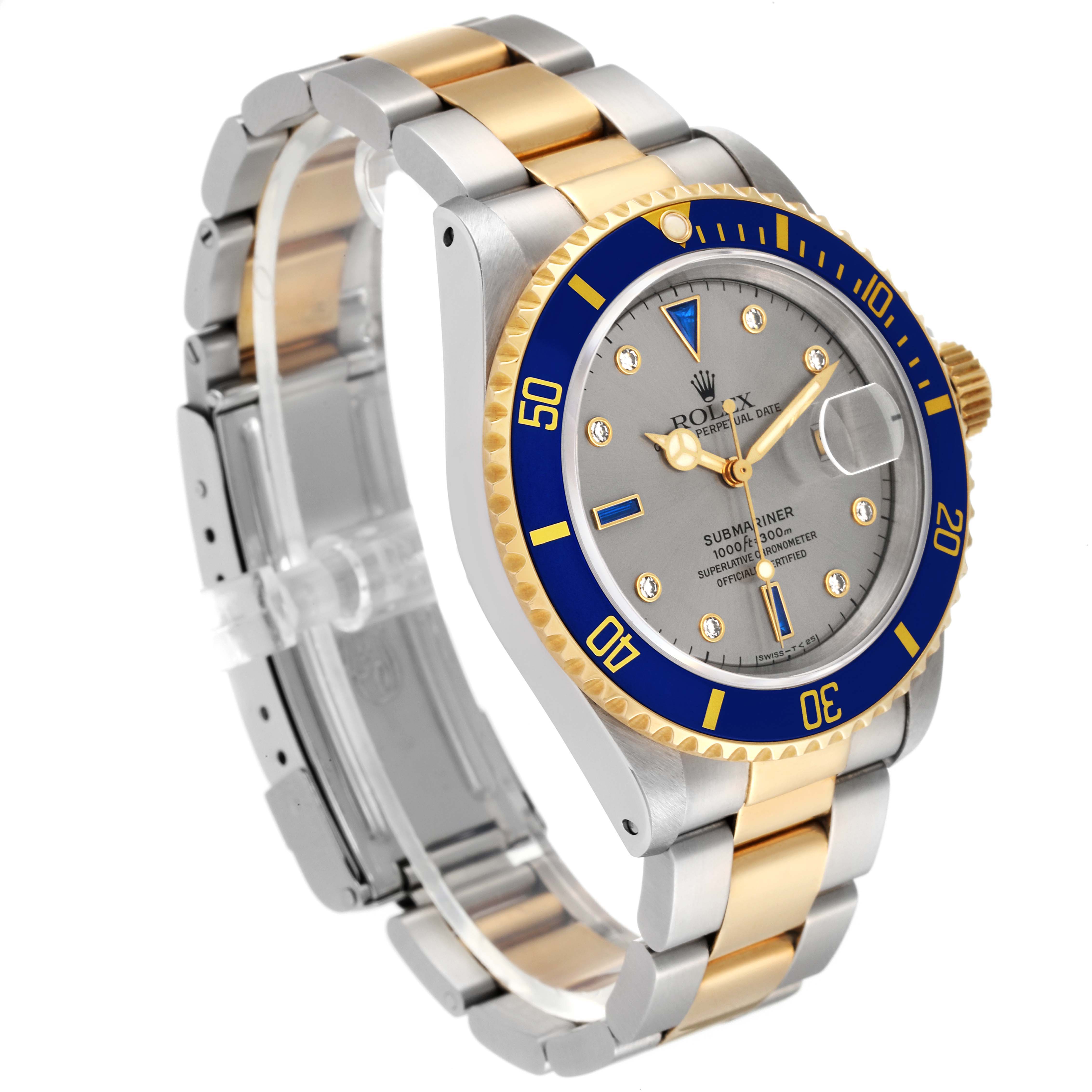 The Rolex Submariner 16613 Men
s Steel and Gold (two tone) Grey Dial 16613 Men
s Steel and Gold (two tone) Grey Dial watch is shown at a three-quarter angle, highlighting the dial, bezel, band, and crown.