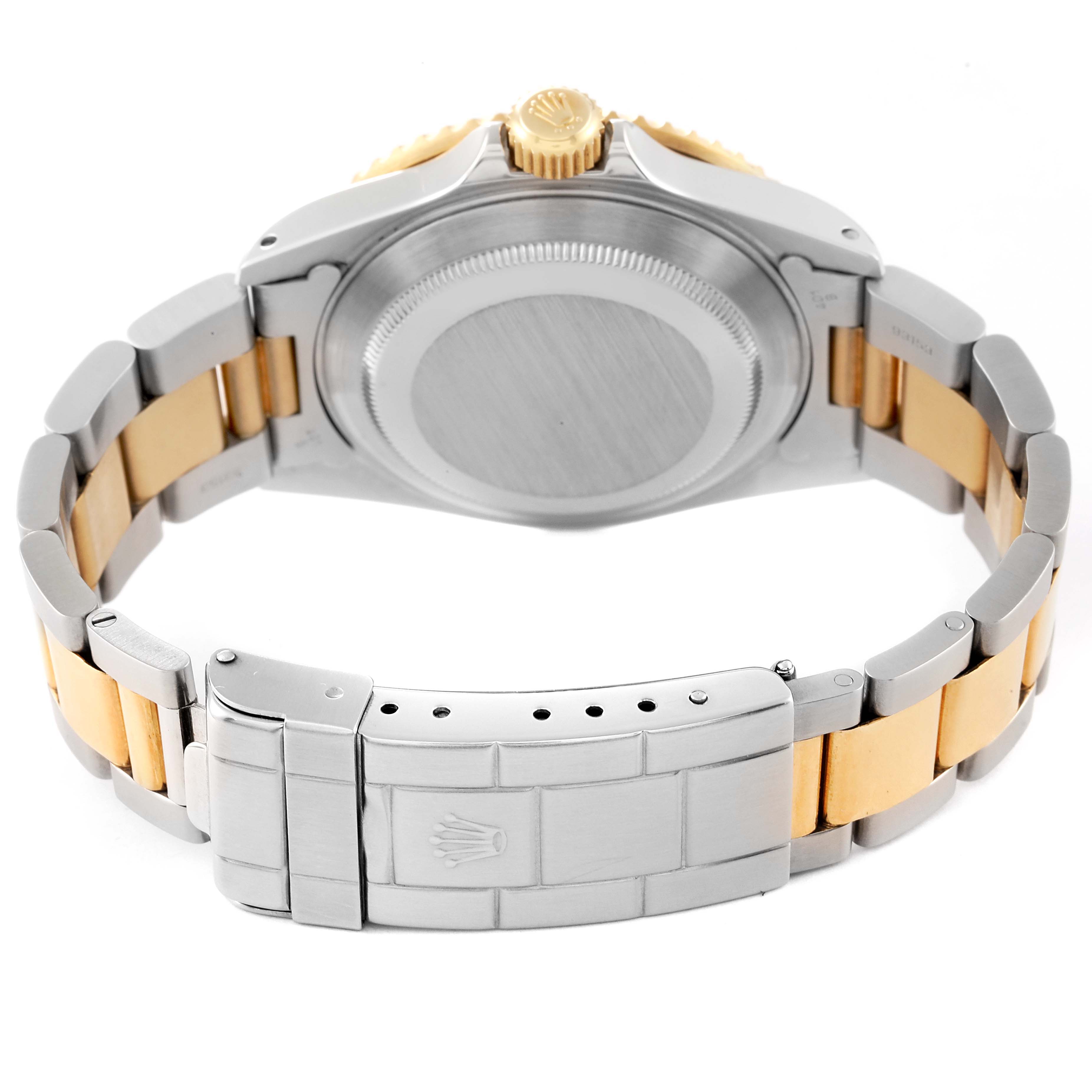 This image shows the back and clasp of a Rolex Submariner 16613 Men
s Steel and Gold (two tone) Grey Dial 16613 Men
s Steel and Gold (two tone) Grey Dial watch, highlighting the bracelet and crown.