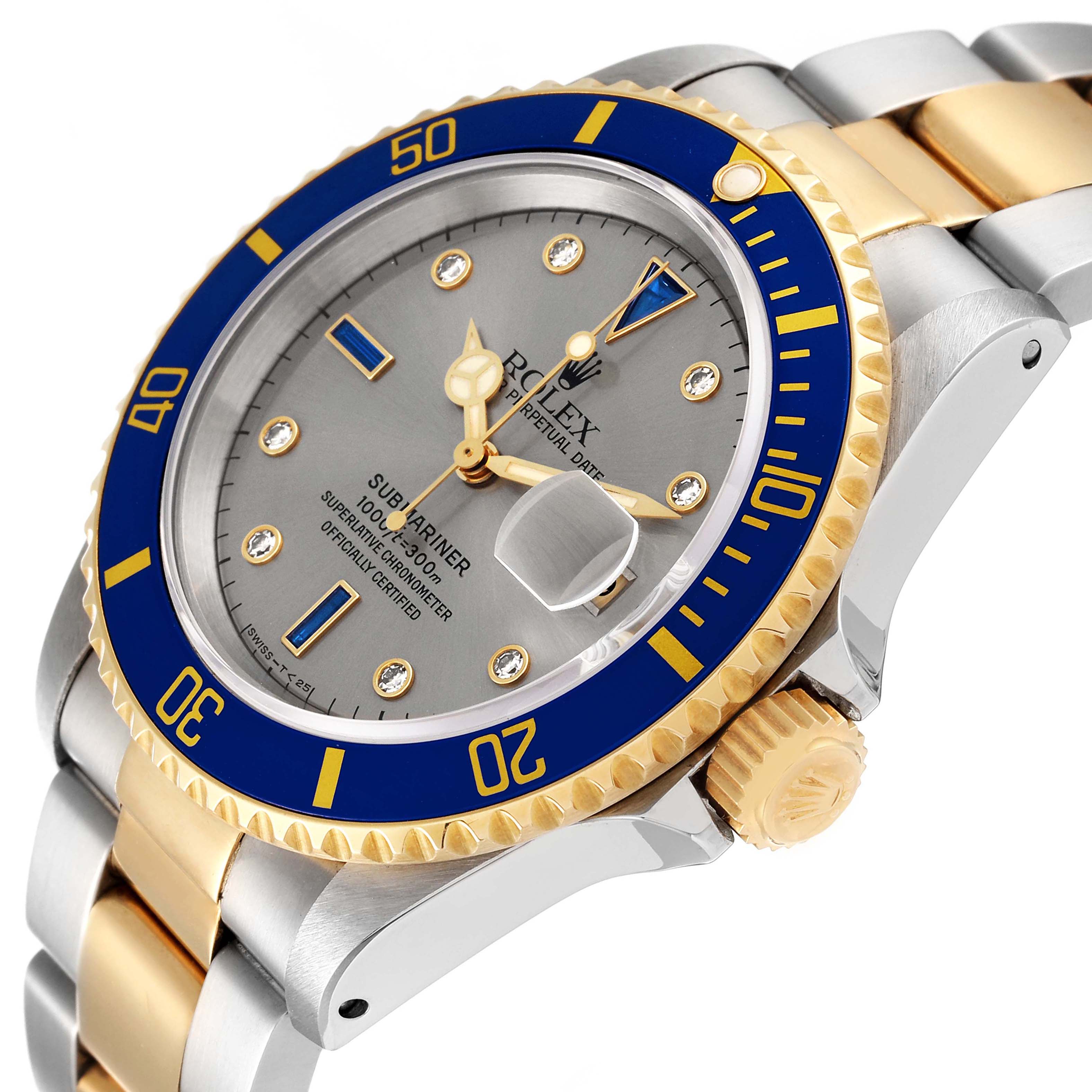 The image shows a side angle of a Rolex Submariner 16613 Men
s Steel and Gold (two tone) Grey Dial 16613 Men
s Steel and Gold (two tone) Grey Dial watch, highlighting the bezel, crown, and part of the bracelet.
