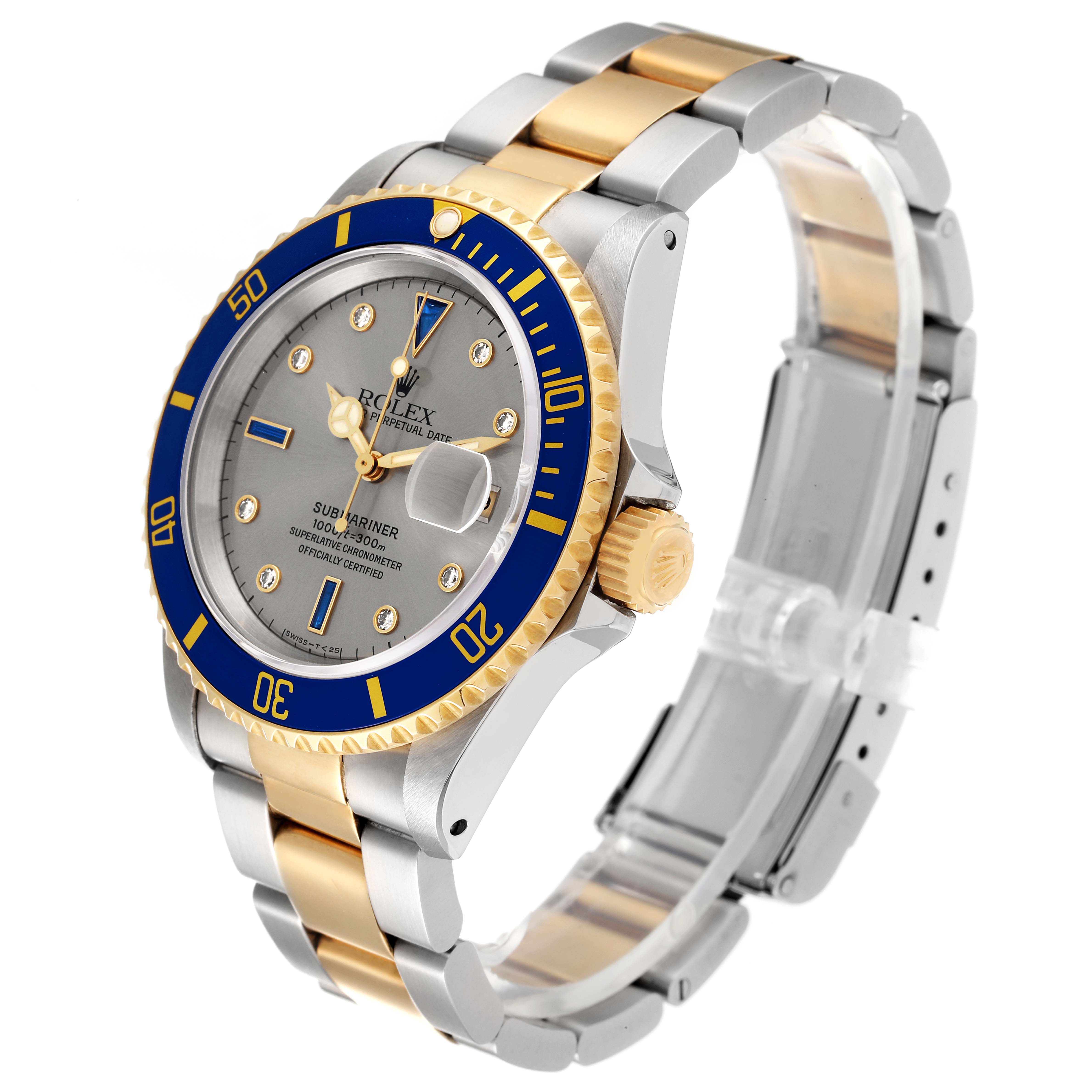 The image shows a side and slightly angled view of a Rolex Submariner 16613 Men
s Steel and Gold (two tone) Grey Dial 16613 Men
s Steel and Gold (two tone) Grey Dial watch, highlighting the bezel, dial, crown, and bracelet.