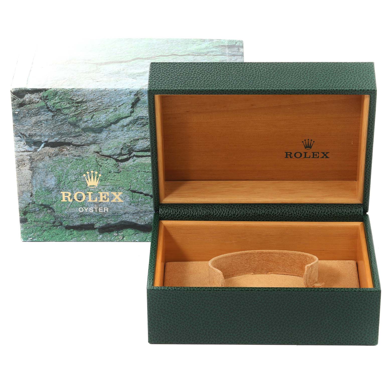 The image shows an open Rolex Submariner 16613 Men
s Steel and Gold (two tone) Grey Dial 16613 Men
s Steel and Gold (two tone) Grey Dial watch box and its outer packaging from a front angle.