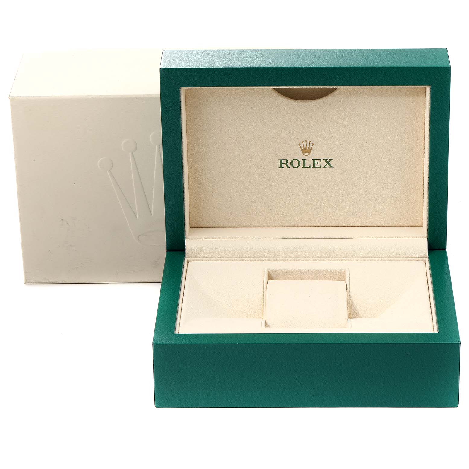 The image shows an open Rolex Submariner 116613 Men's Steel and Gold (two tone) Black Dial 116613 Men's Steel and Gold (two tone) Black Dial watch box with the inner cushion and exterior packaging.