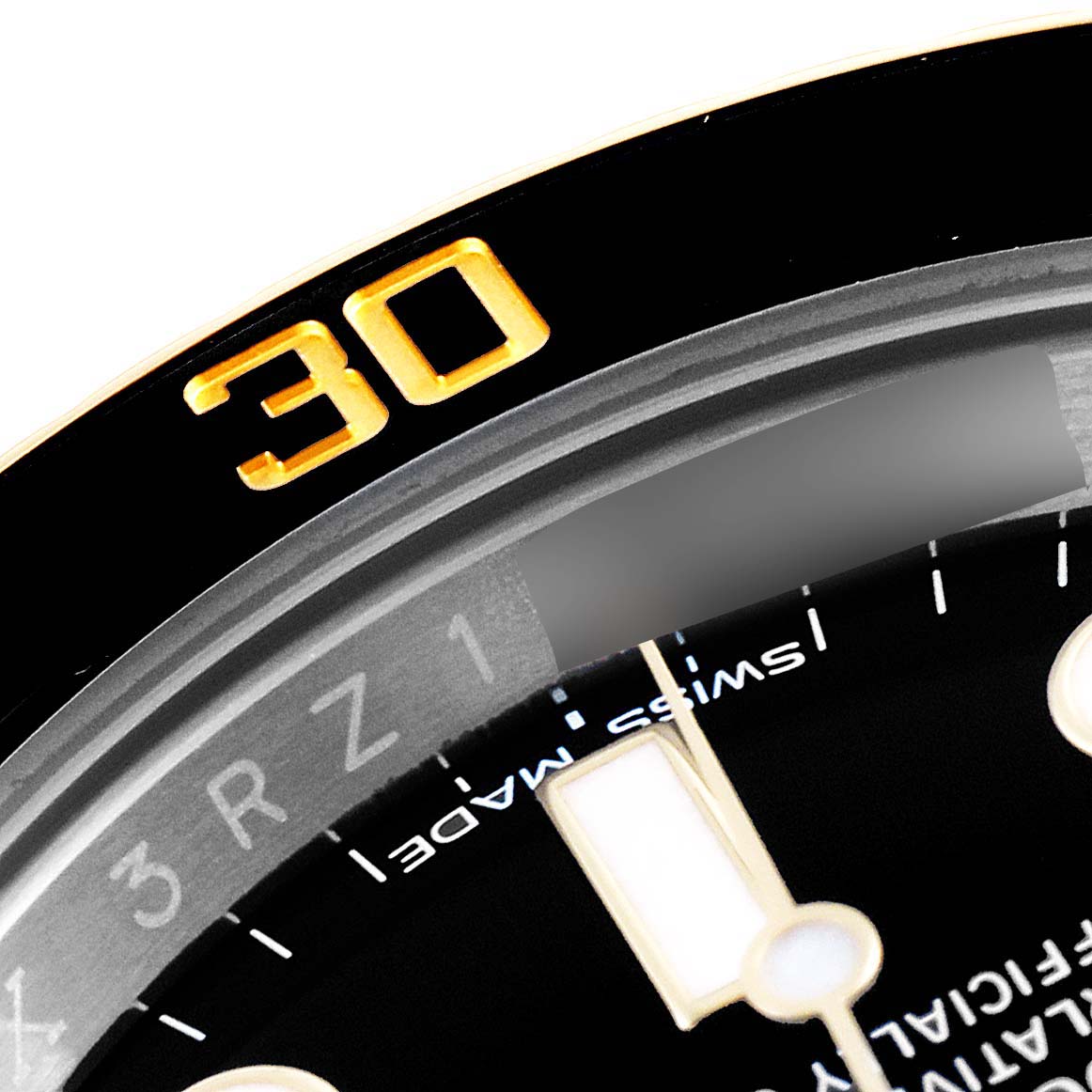 The image shows a close-up of the Rolex Submariner 116613 Men's Steel and Gold (two tone) Black Dial 116613 Men's Steel and Gold (two tone) Black Dial watch bezel and partial dial, highlighting the 30-minute marker.