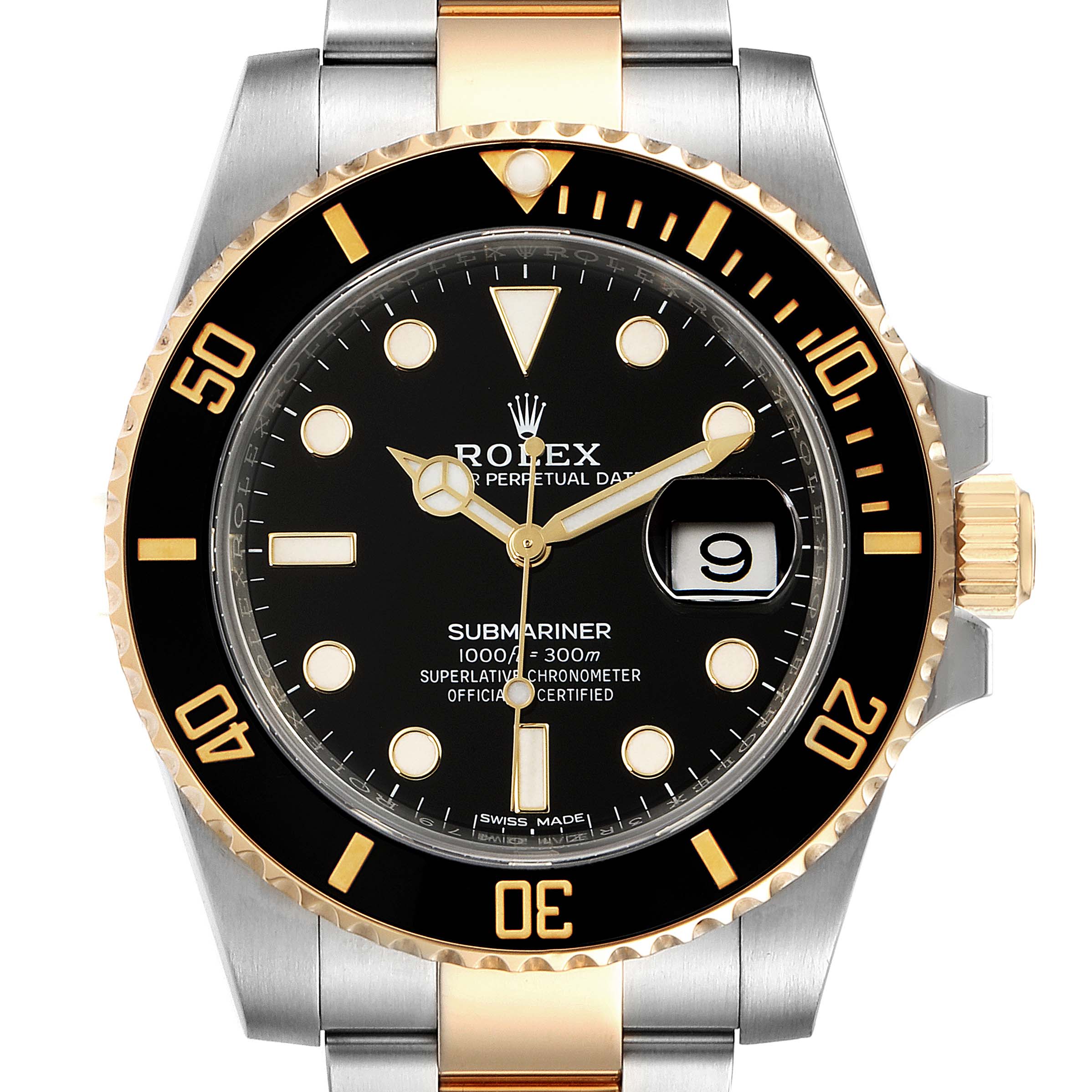The image shows a front view of a Rolex Submariner 116613 Men's Steel and Gold (two tone) Black Dial 116613 Men's Steel and Gold (two tone) Black Dial watch, highlighting its black dial, gold and silver bezel, and date window.