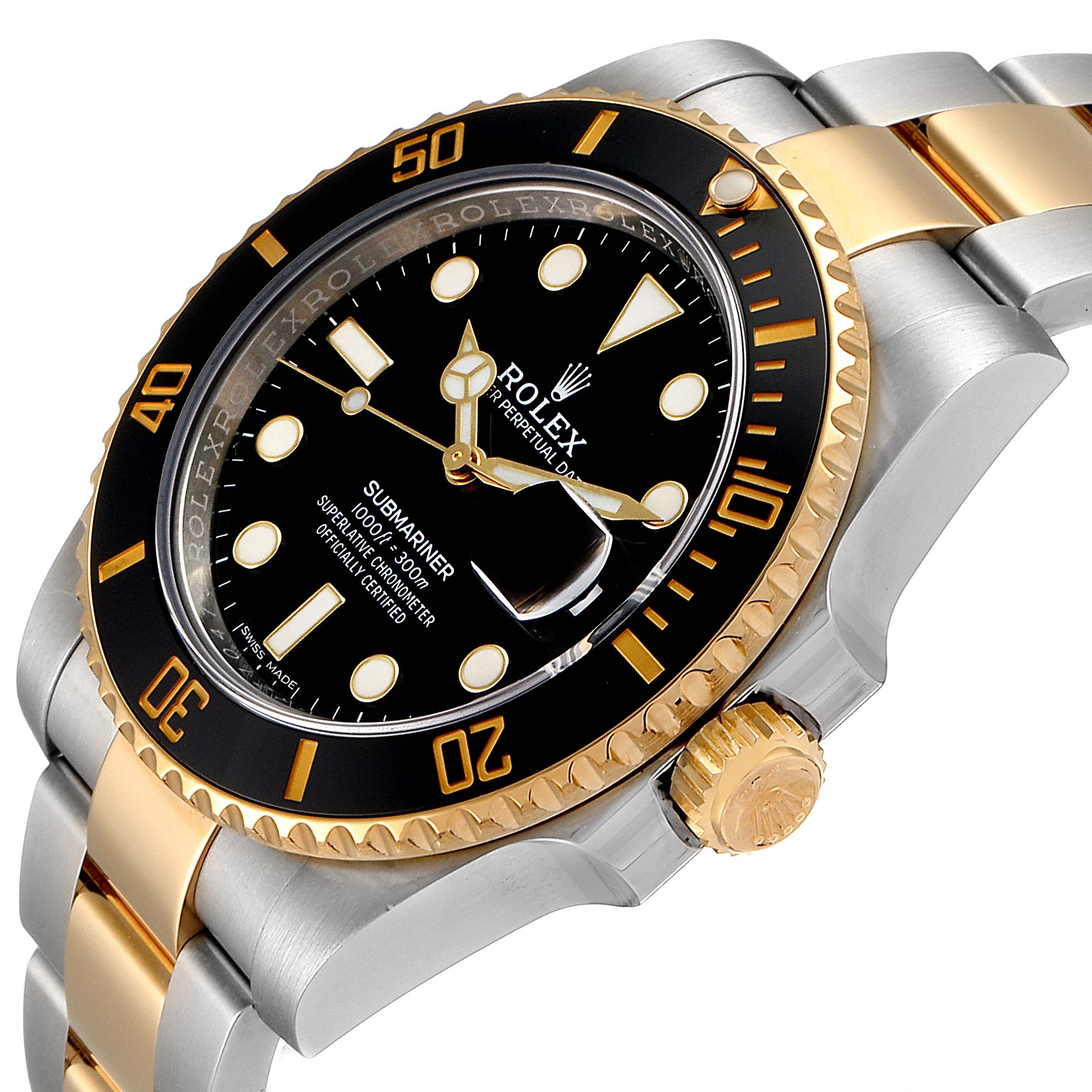 The angle shows the face, bezel, crown, and part of the bracelet of the Rolex Submariner 116613 Men's Steel and Gold (two tone) Black Dial 116613 Men's Steel and Gold (two tone) Black Dial model.