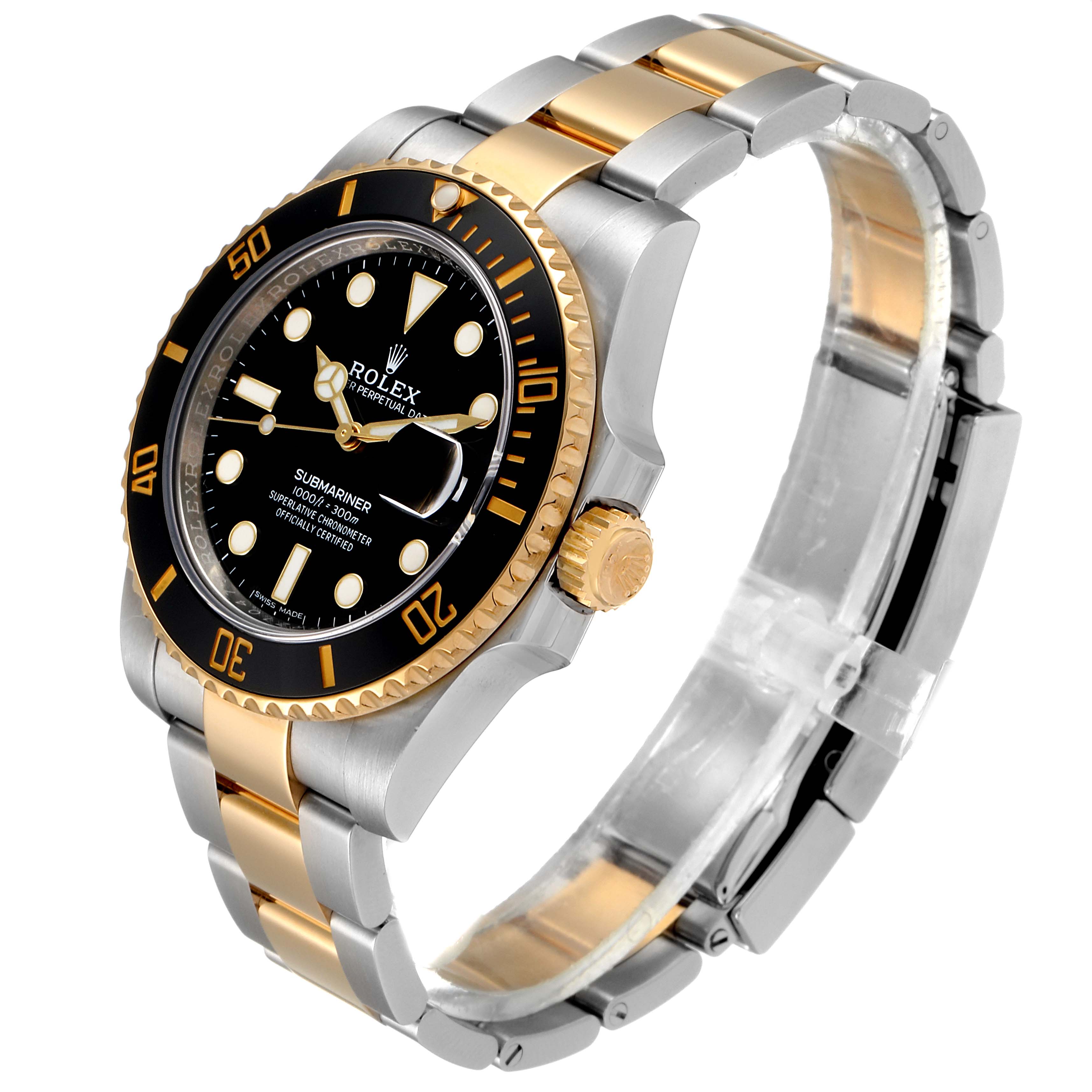 The image shows a Rolex Submariner 116613 Men's Steel and Gold (two tone) Black Dial 116613 Men's Steel and Gold (two tone) Black Dial watch at a three-quarter angle, highlighting the dial, bezel, and two-tone bracelet.