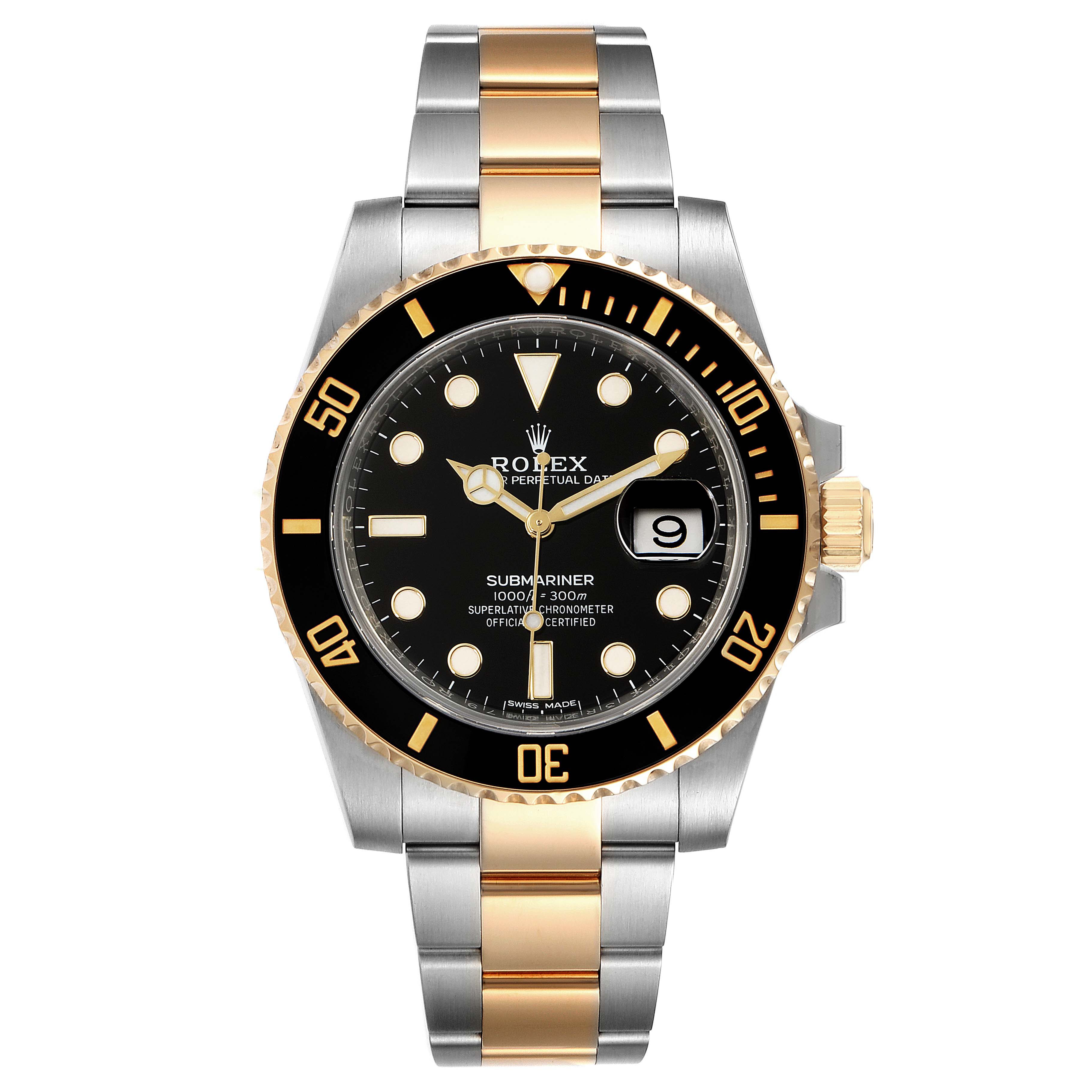 This image shows a front view of the Rolex Submariner 116613 Men's Steel and Gold (two tone) Black Dial 116613 Men's Steel and Gold (two tone) Black Dial watch, highlighting its black dial, gold accents, and two-tone metal bracelet.