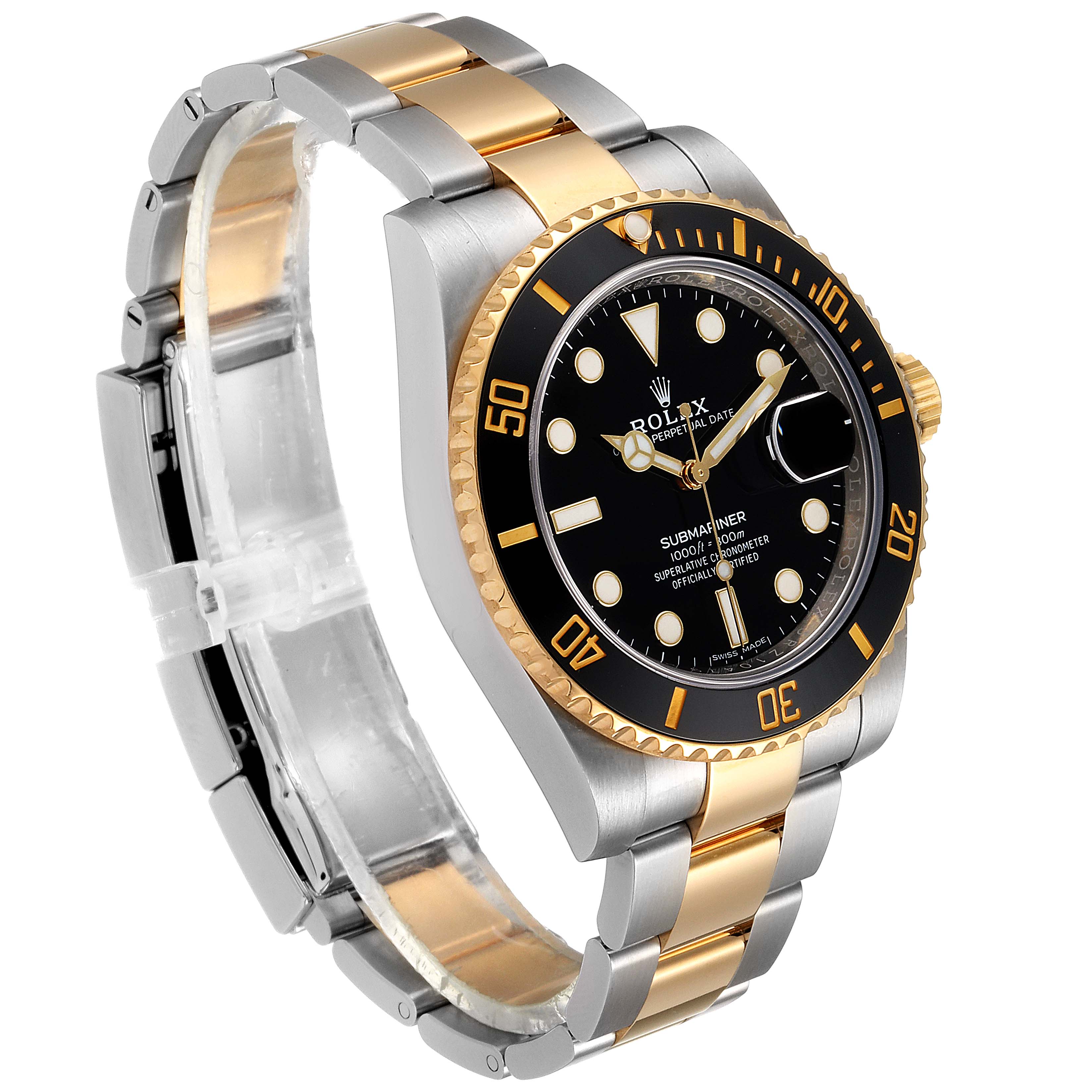 The image shows the Rolex Submariner 116613 Men's Steel and Gold (two tone) Black Dial 116613 Men's Steel and Gold (two tone) Black Dial watch at an angled view, highlighting its two-tone bracelet, black dial, and gold bezel.