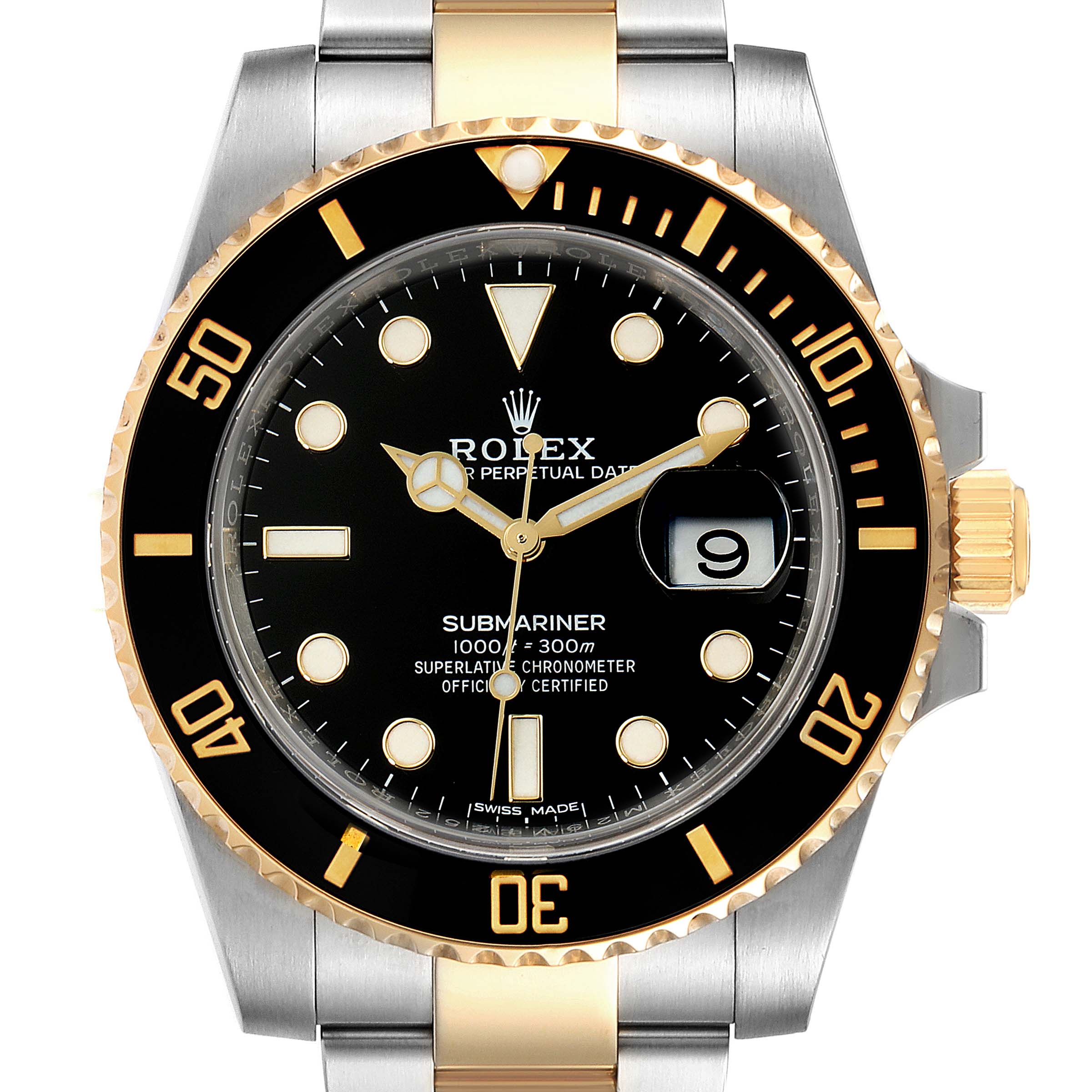 The image shows the front view of a Rolex Submariner 116613 Men's Steel and Gold (two tone) Black Dial 116613 Men's Steel and Gold (two tone) Black Dial watch in steel and gold with a black dial and bezel, displaying the date.