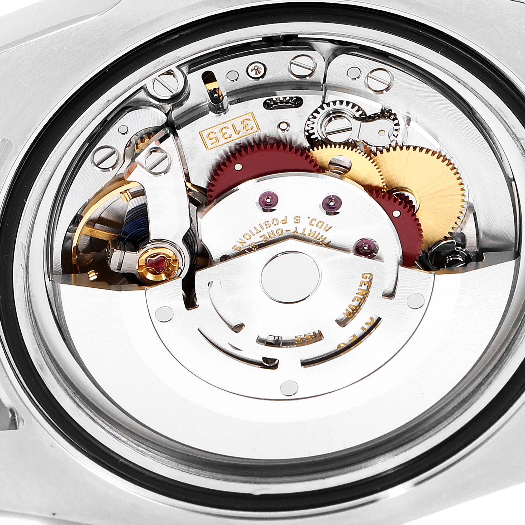 This image shows the internal mechanical movement of a Rolex Submariner 116613 Men's Steel and Gold (two tone) Black Dial 116613 Men's Steel and Gold (two tone) Black Dial watch from a top-down angle.