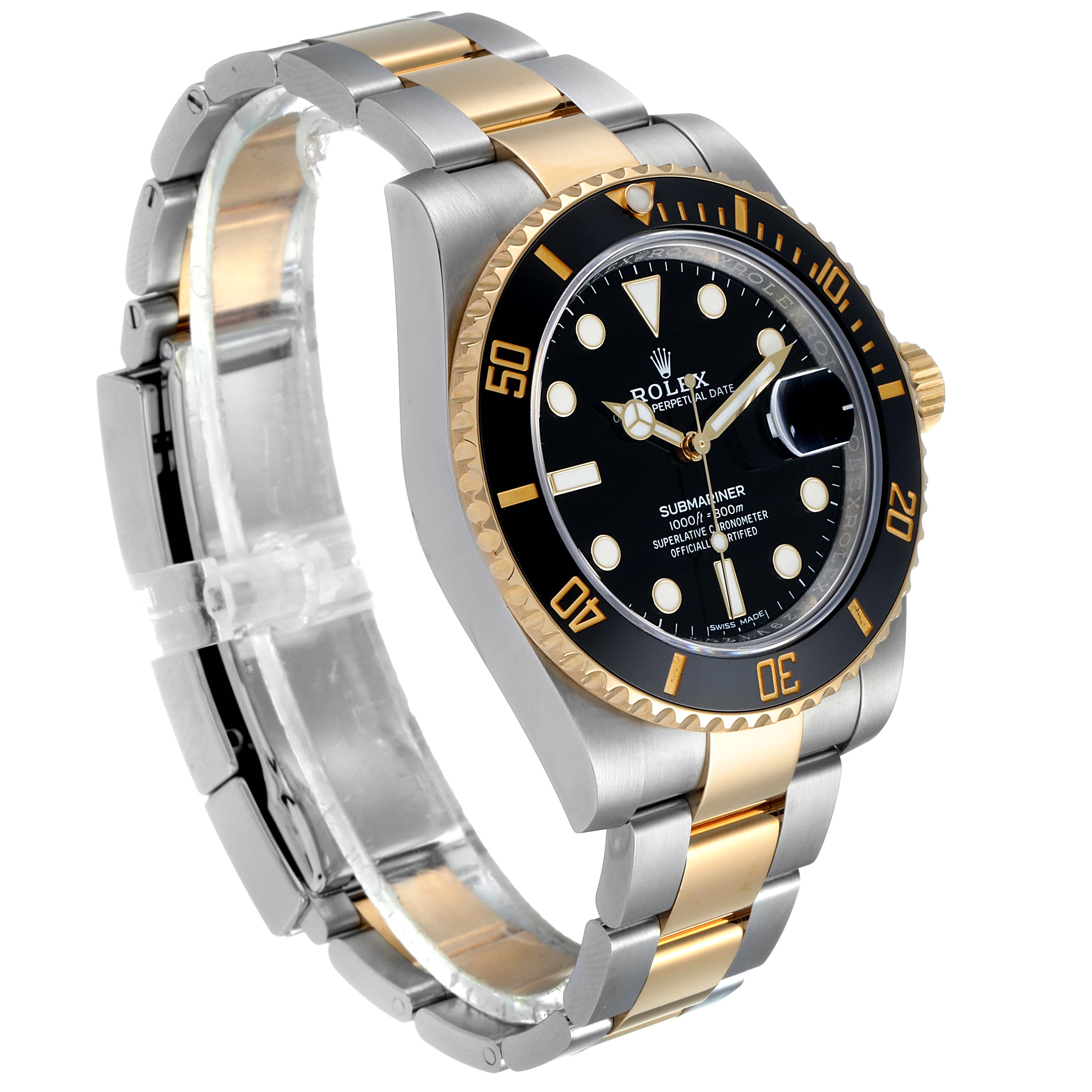 The image shows a side angle of a Rolex Submariner 116613 Men's Steel and Gold (two tone) Black Dial 116613 Men's Steel and Gold (two tone) Black Dial watch, highlighting its black dial, bezel, and two-tone bracelet.