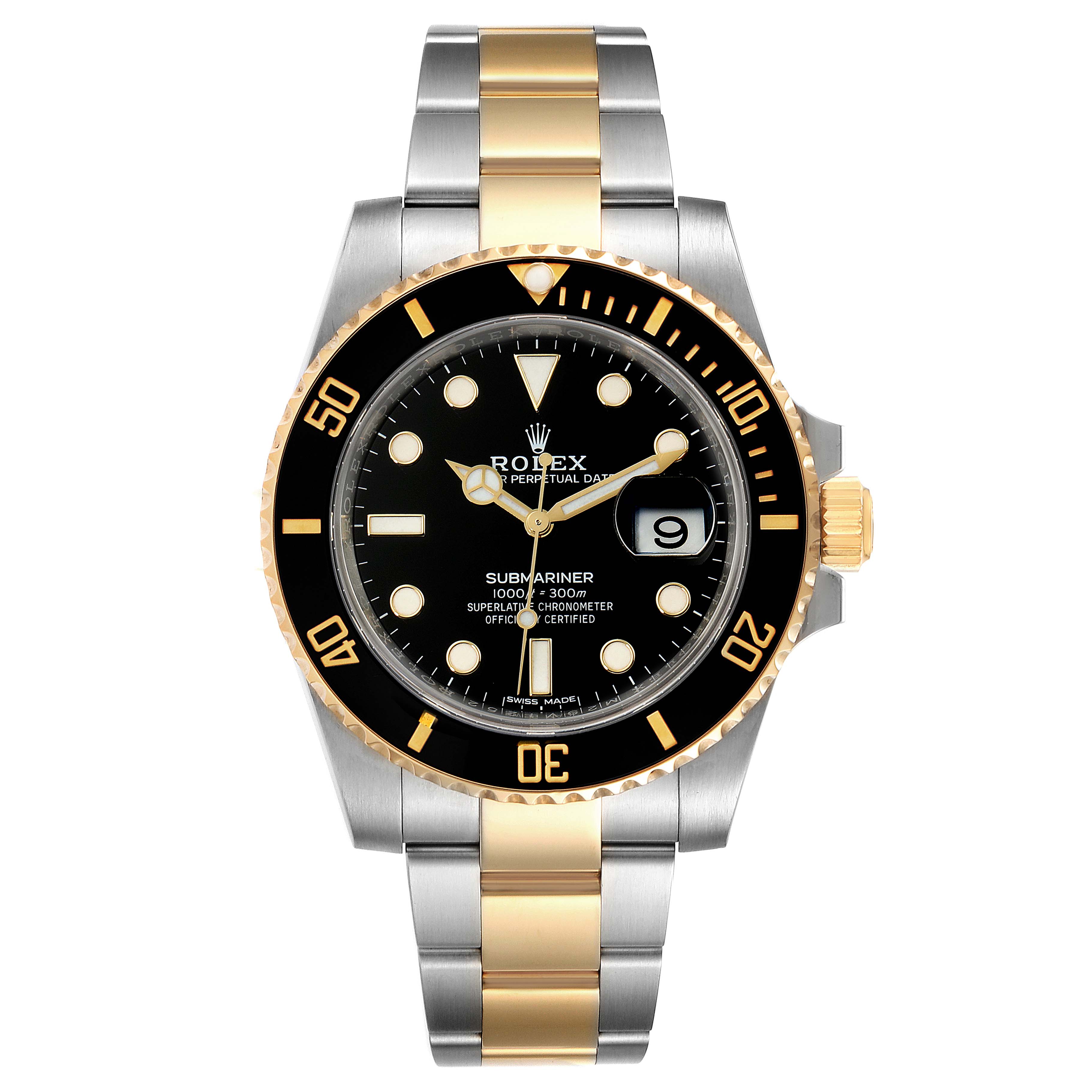 The image shows a front view of the Rolex Submariner 116613 Men's Steel and Gold (two tone) Black Dial 116613 Men's Steel and Gold (two tone) Black Dial watch, highlighting the bezel, dial, and two-tone bracelet.