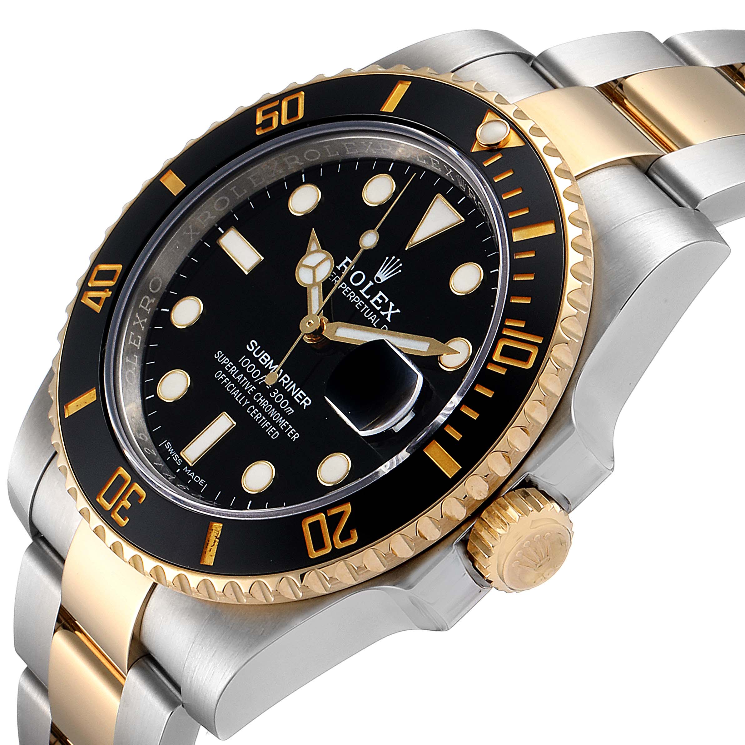 This image shows a side angle of a Rolex Submariner 116613 Men's Steel and Gold (two tone) Black Dial 116613 Men's Steel and Gold (two tone) Black Dial, highlighting the dial, bezel, and two-tone bracelet.